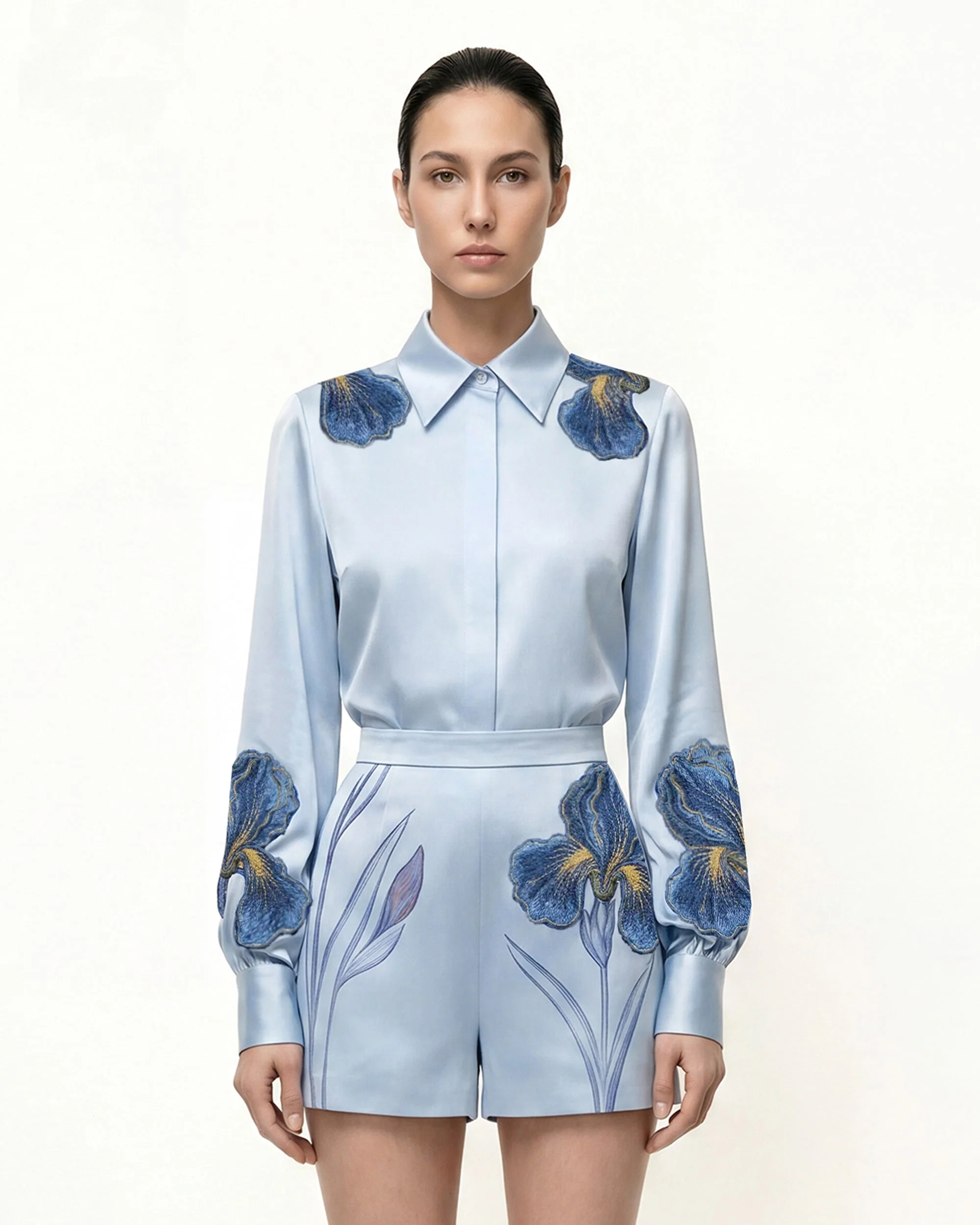 Iris Embroidered Collared Long Sleeve Shirt - Light Blue - Image 2