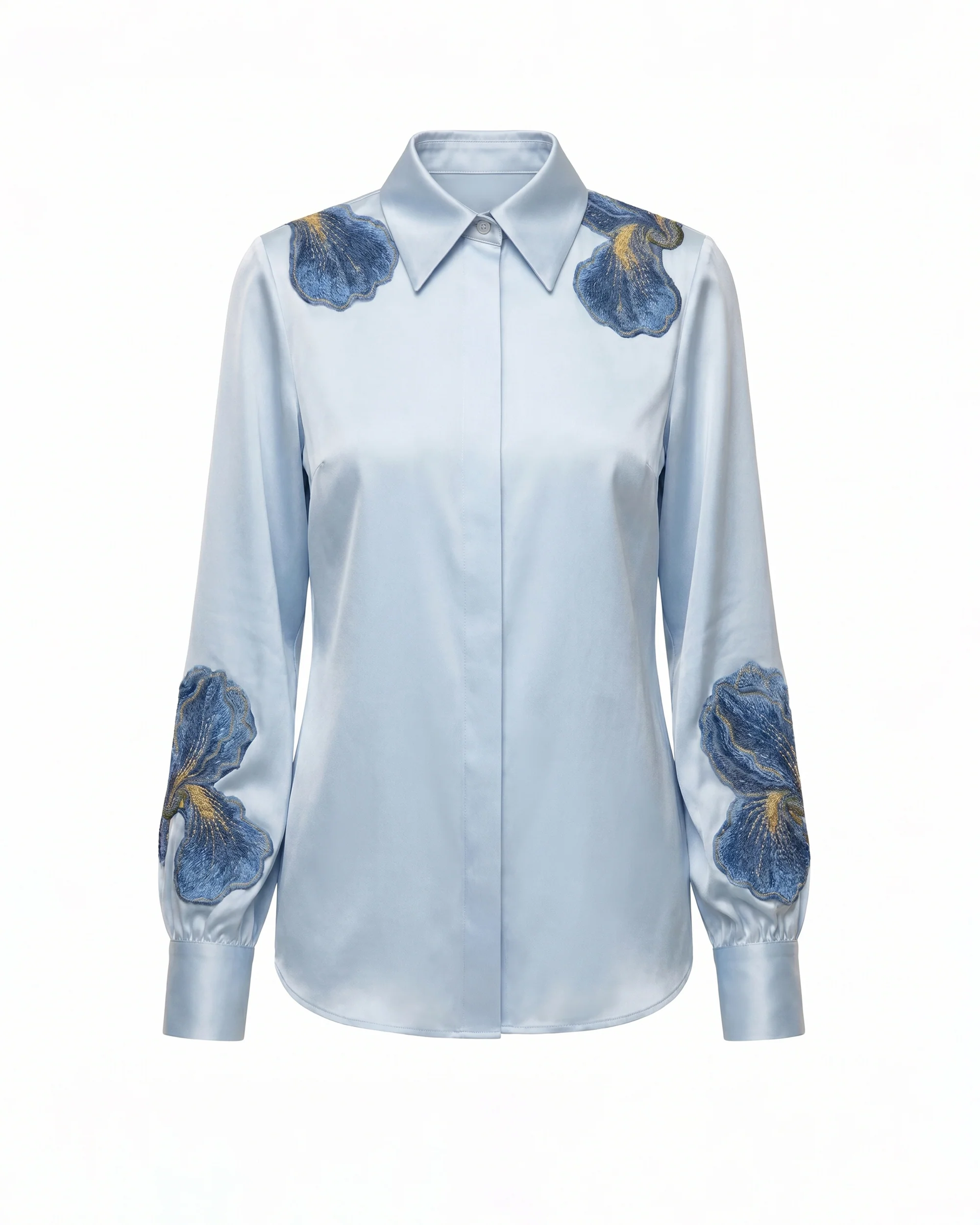 Iris Embroidered Collared Long Sleeve Shirt - Light Blue - Image 3