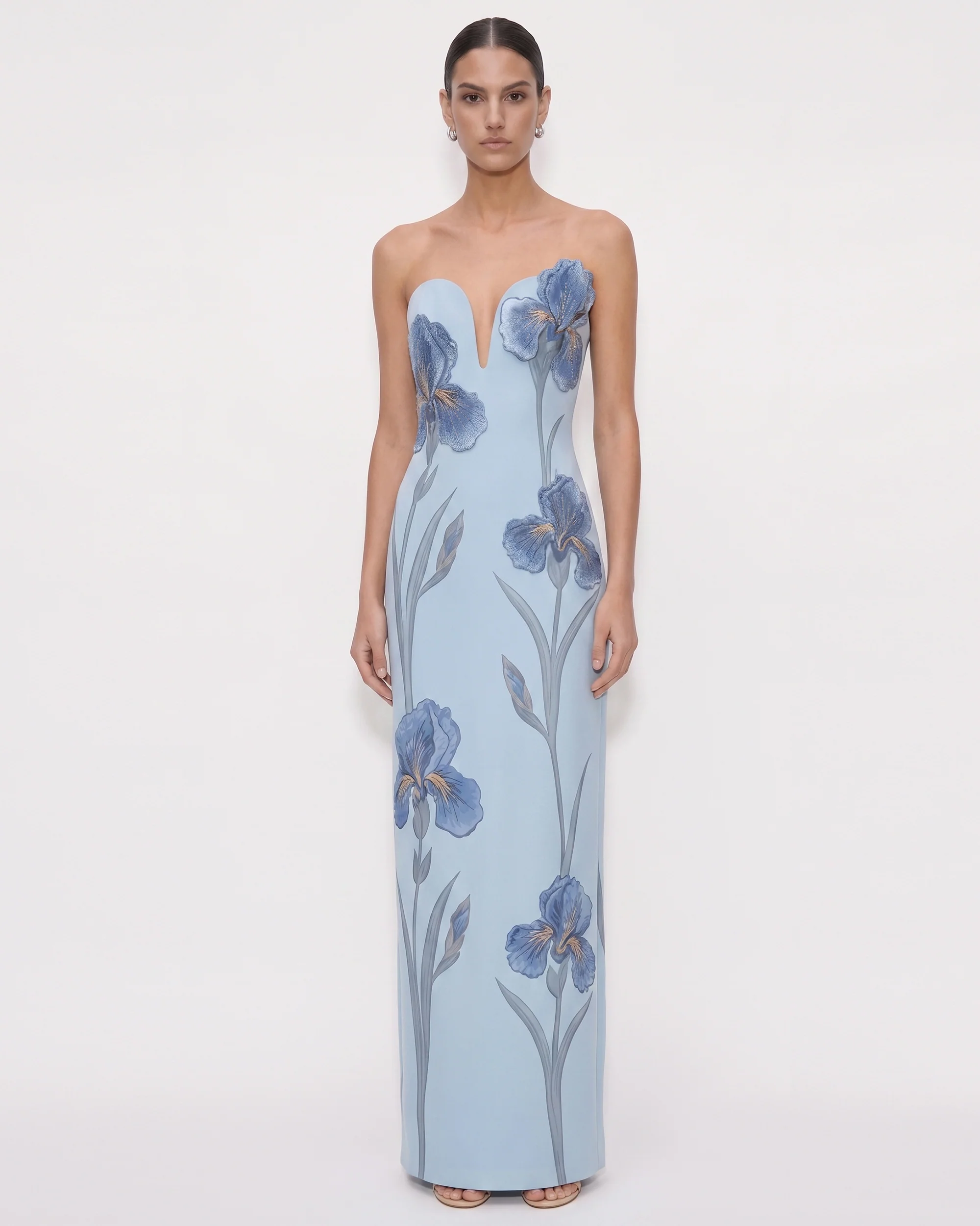 Iris Embroidered 
Notch Neck Strapless Maxi Dress
 - Light Blue