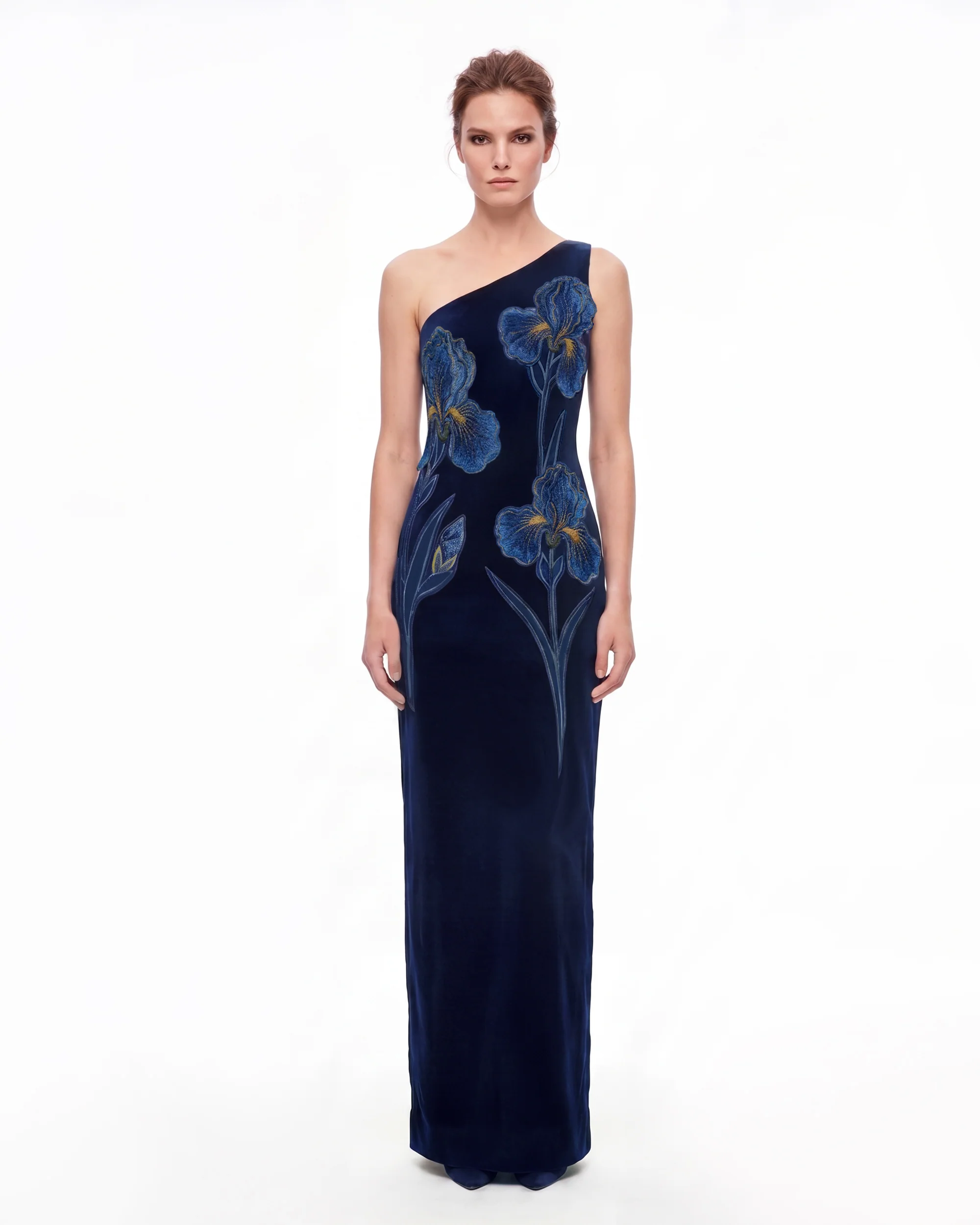 Iris Embroidered Velvet One Shoulder Maxi Dress - Navy Blue