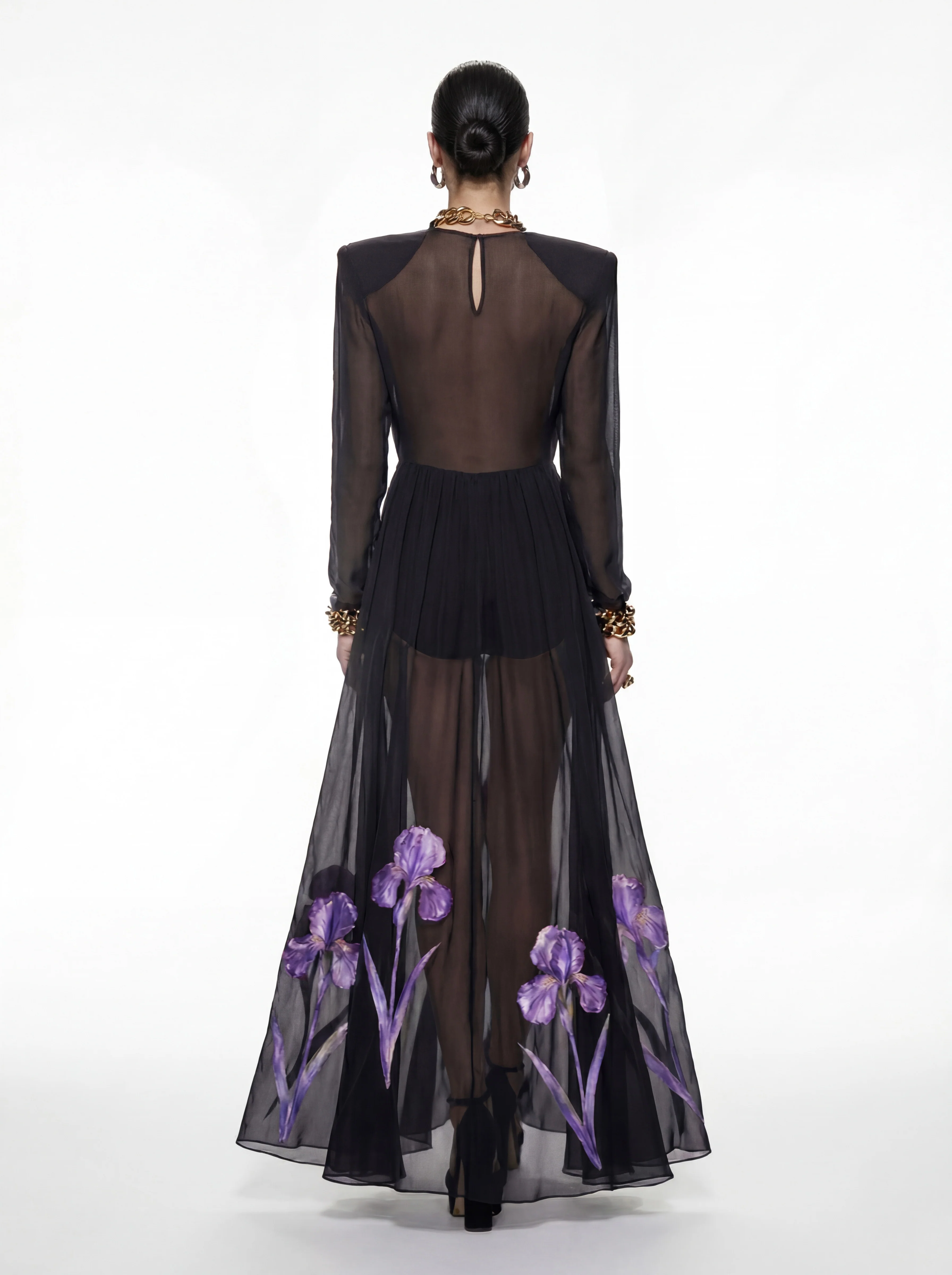 Iris Floral Print Long-Sleeve Sheer Gown - Black/Purple - Image 2