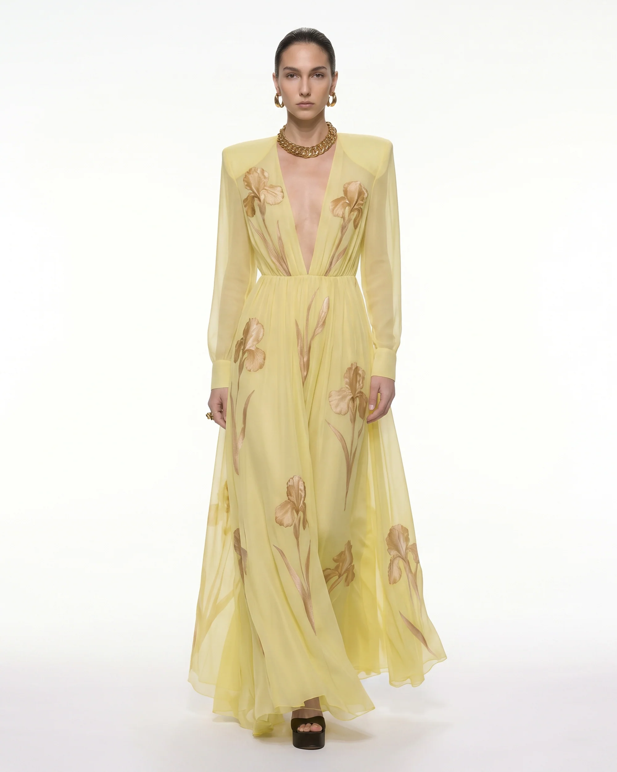 Iris Floral Print Long-Sleeve Sheer Gown - Yellow