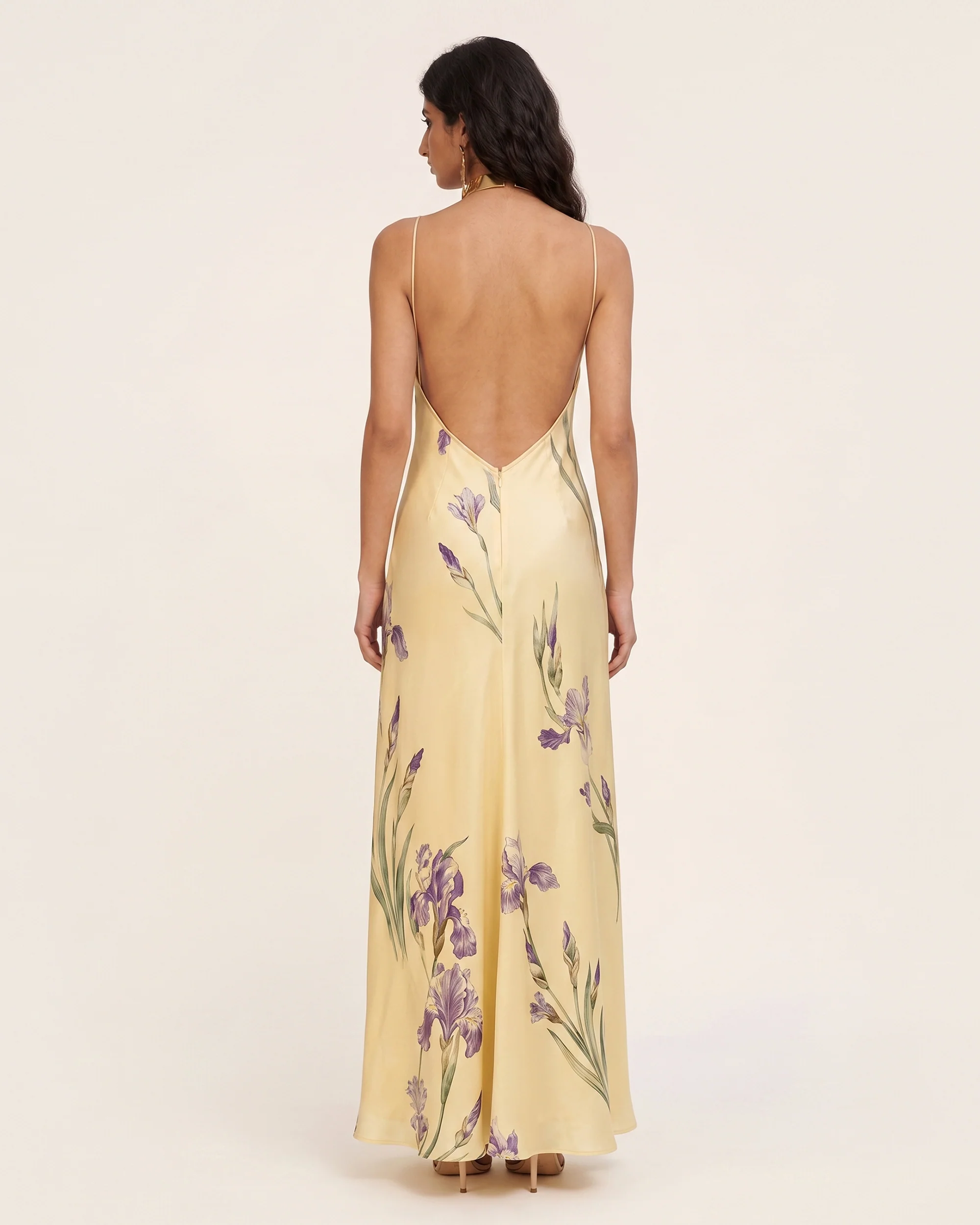Iris Print Cross-Halter Open-Back Maxi Dress - Yellow - Image 2