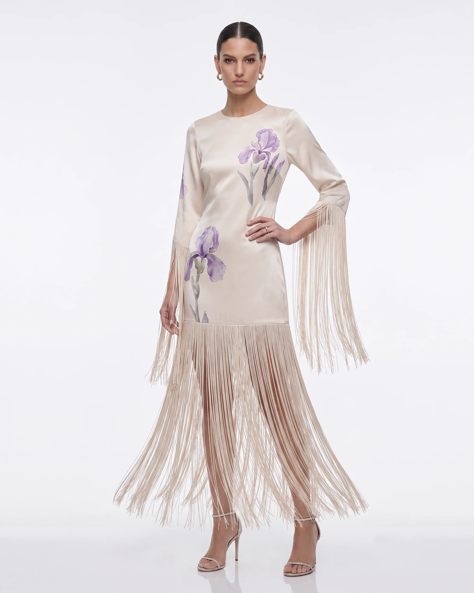 Iris Print Fringe Sleeve Midi Dress - Champagne