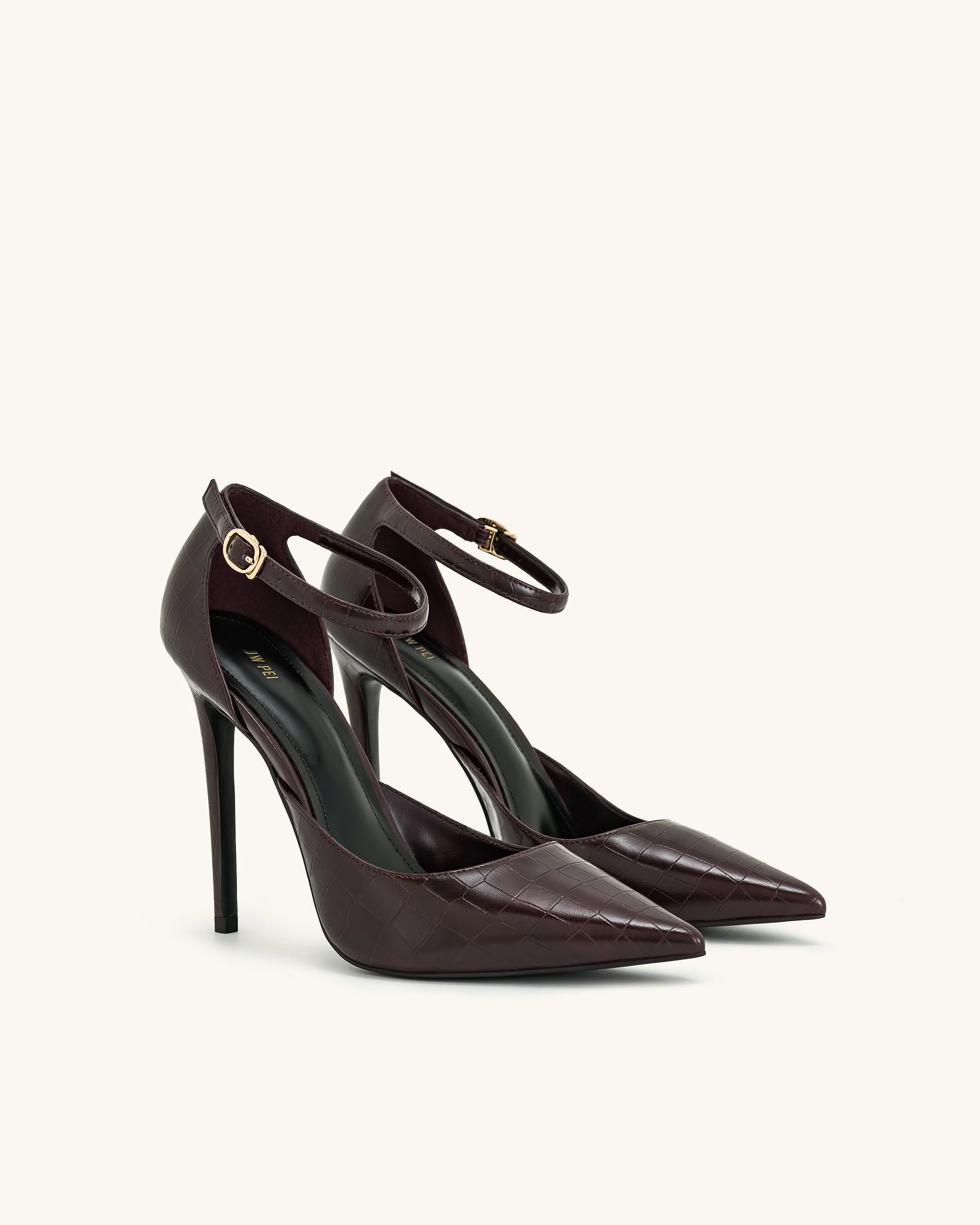 Leah Croc-Embossed Ankle Strap Heels - Burgundy - Image 3
