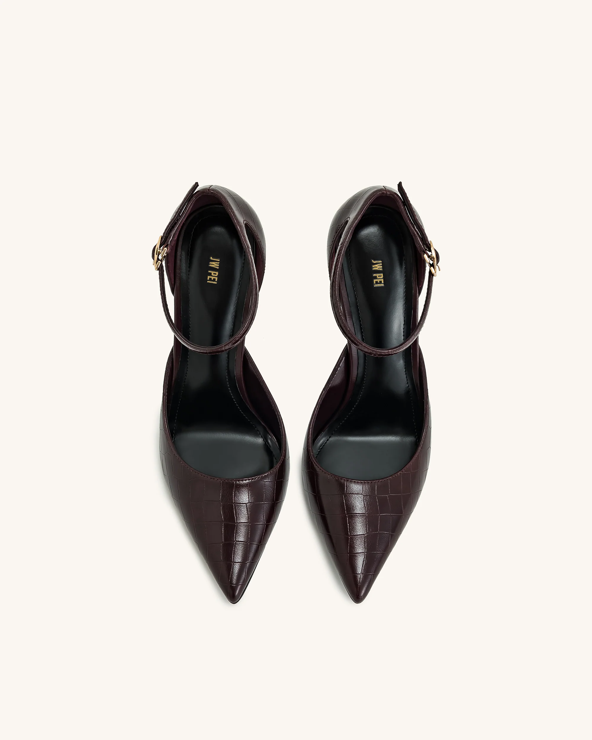 Leah Croc-Embossed Ankle Strap Heels - Burgundy - Image 4