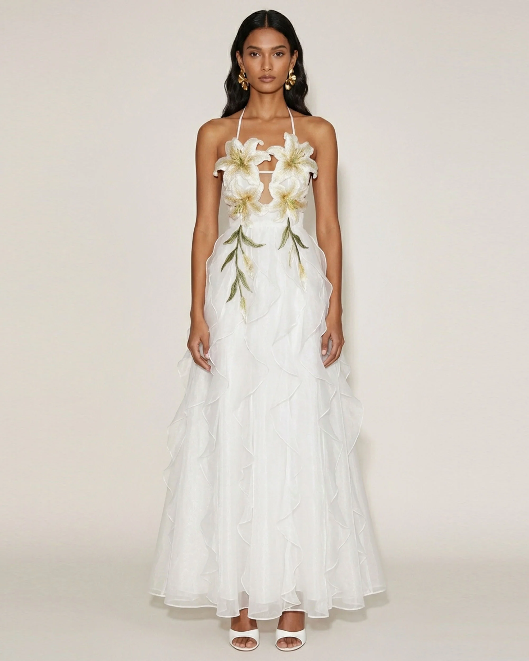 Lily-Embroidered Embroidered Halter Tiered Maxi Dress - White