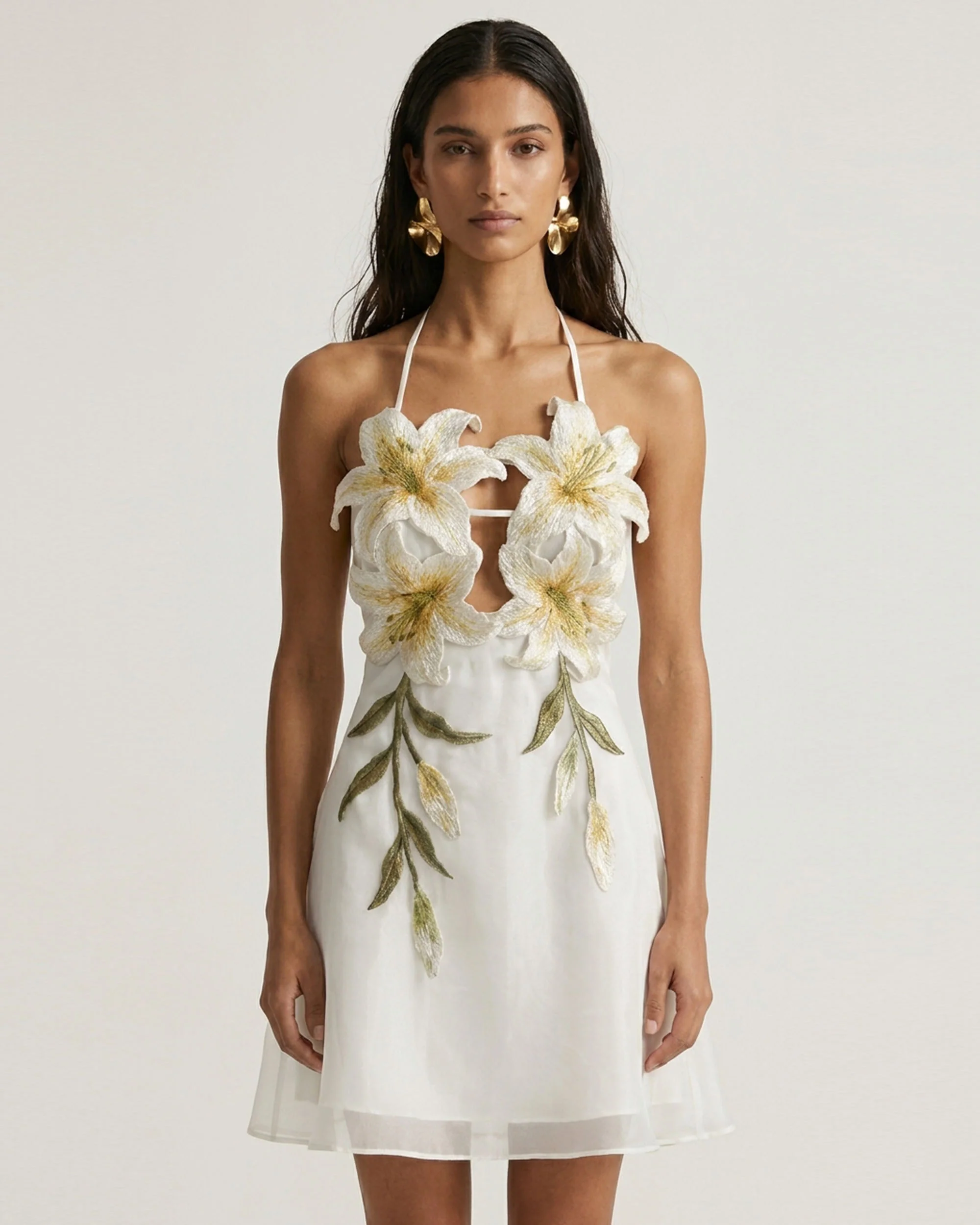 Lily-Embroidered Halter Mini Dress - White