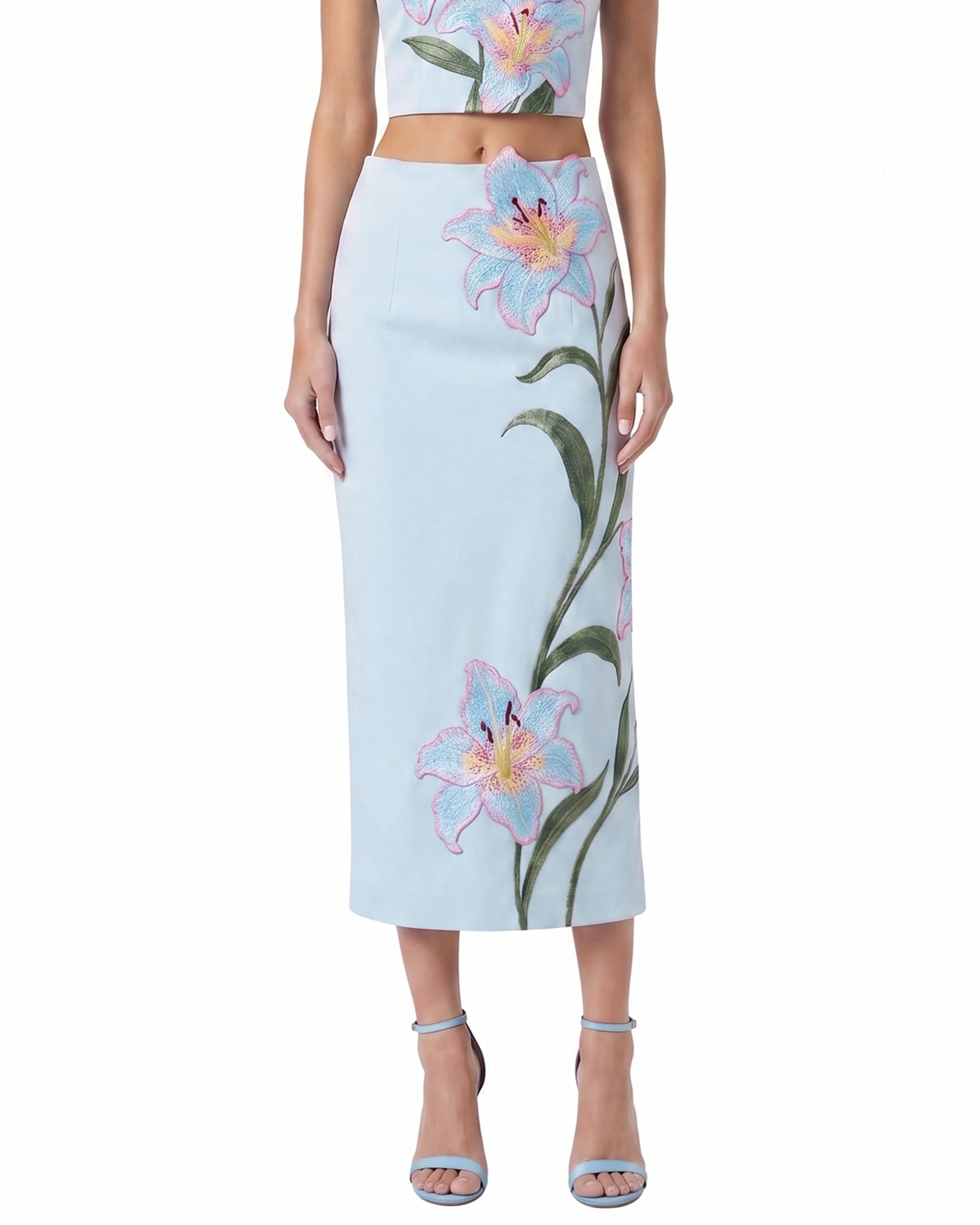 Lily Floral Embroidered High Waist Pencil Midi Skirt - Light Blue - Image 2
