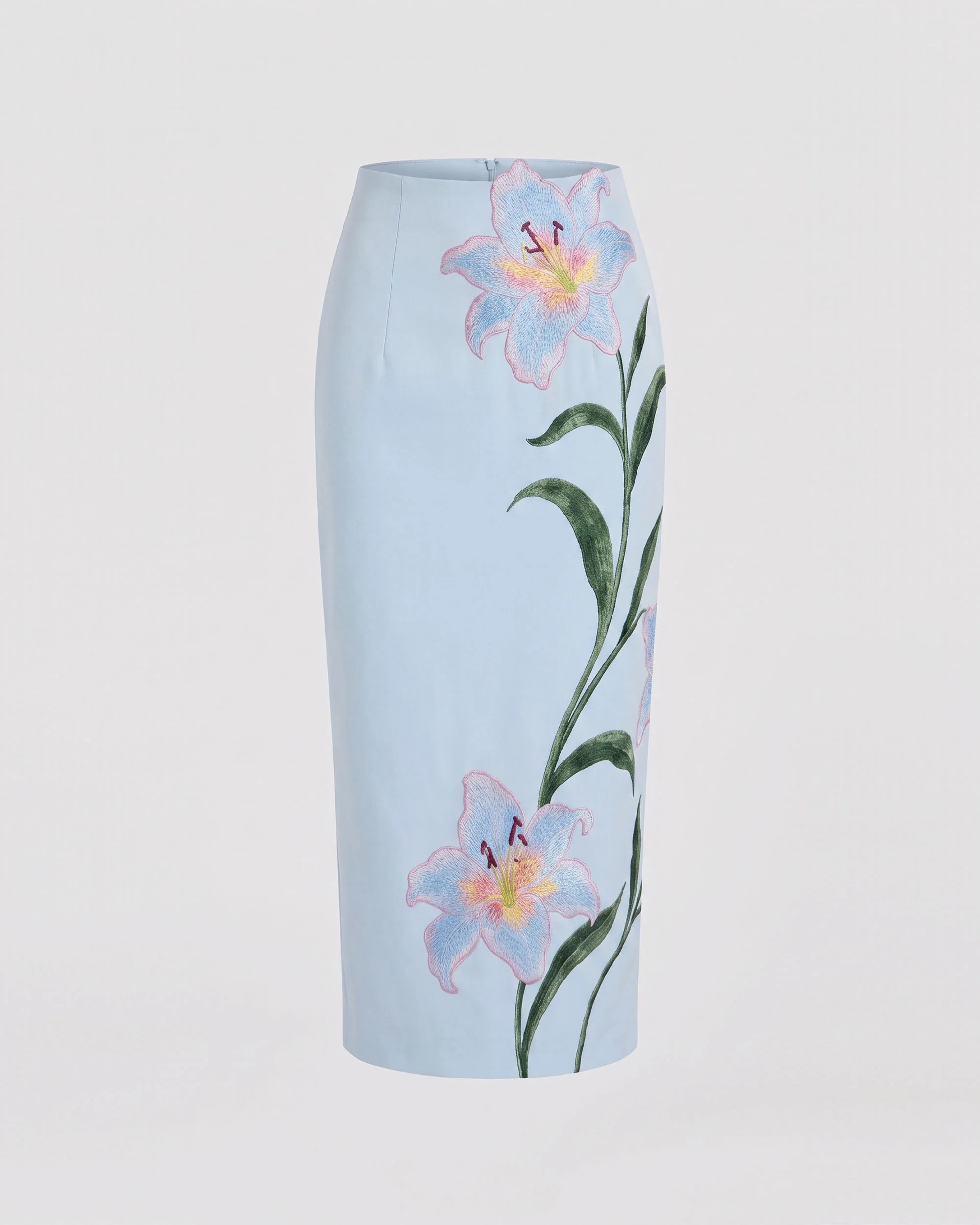Lily Floral Embroidered High Waist Pencil Midi Skirt - Light Blue - Image 3
