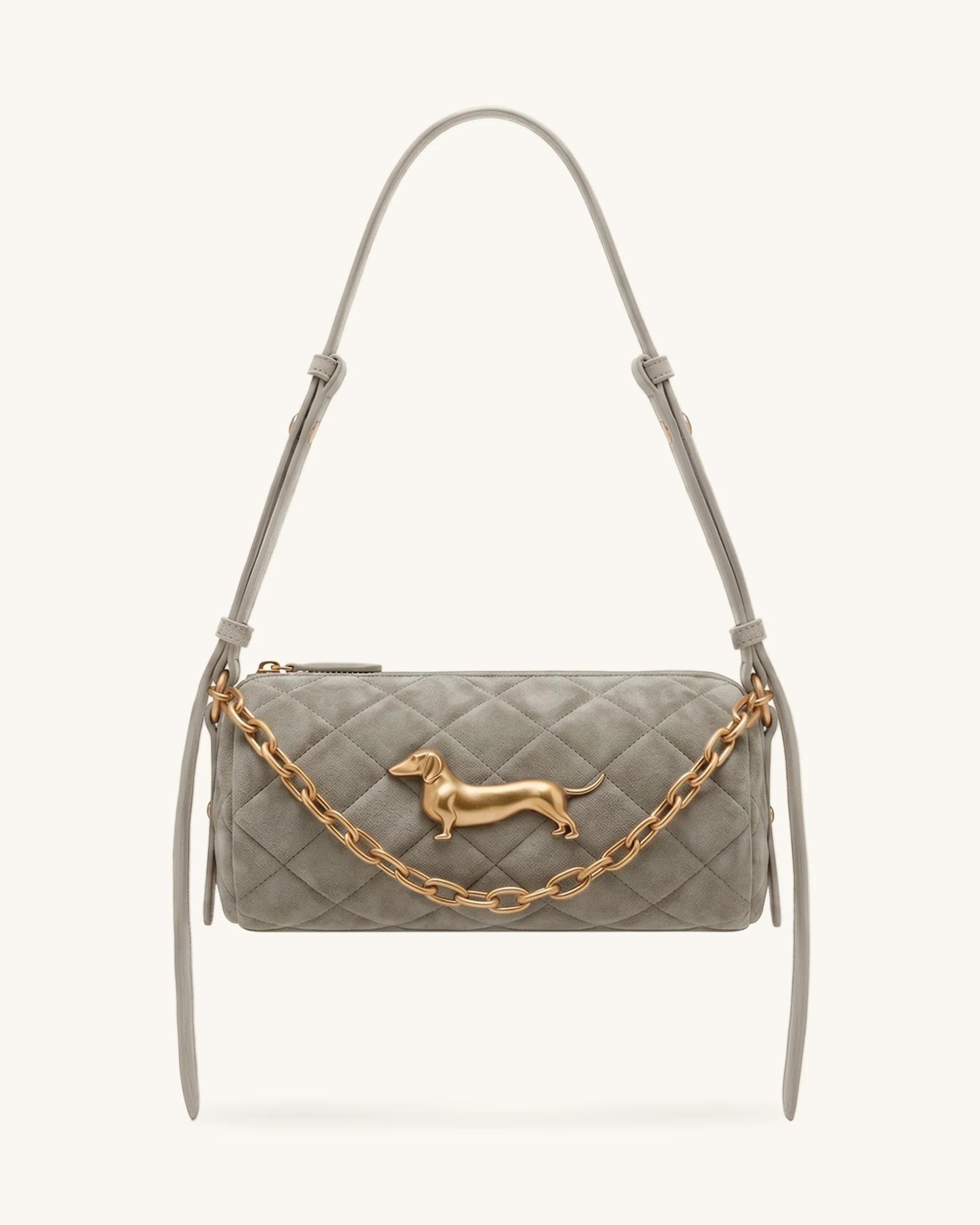 Lucienne Faux Suede Dachshund Quilted Chain Shoulder Bag - Light Grey