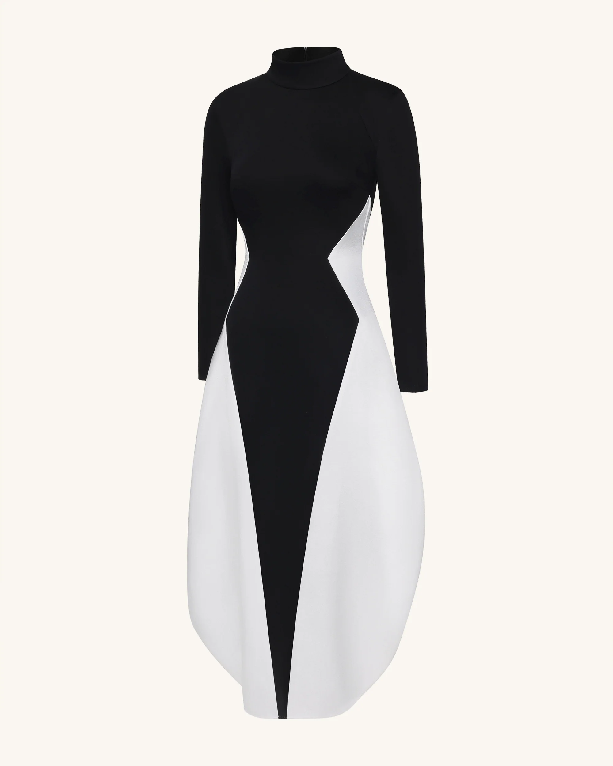 Monochrome Paneled Long-Sleeve Maxi Dress - Black - Image 3