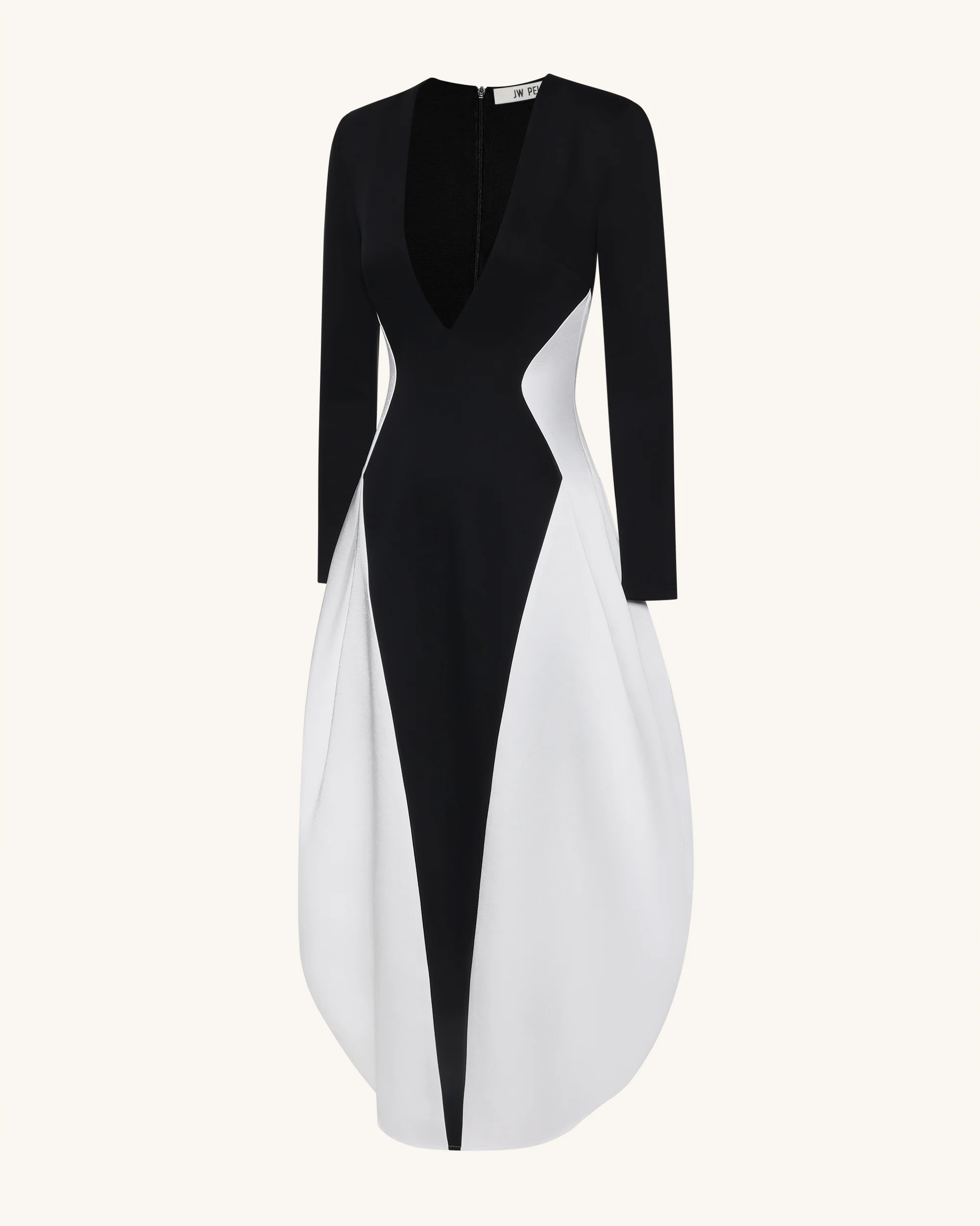 Monochrome Paneled Plunging V-Neck Long-Sleeve Maxi Dress - Black - Image 3