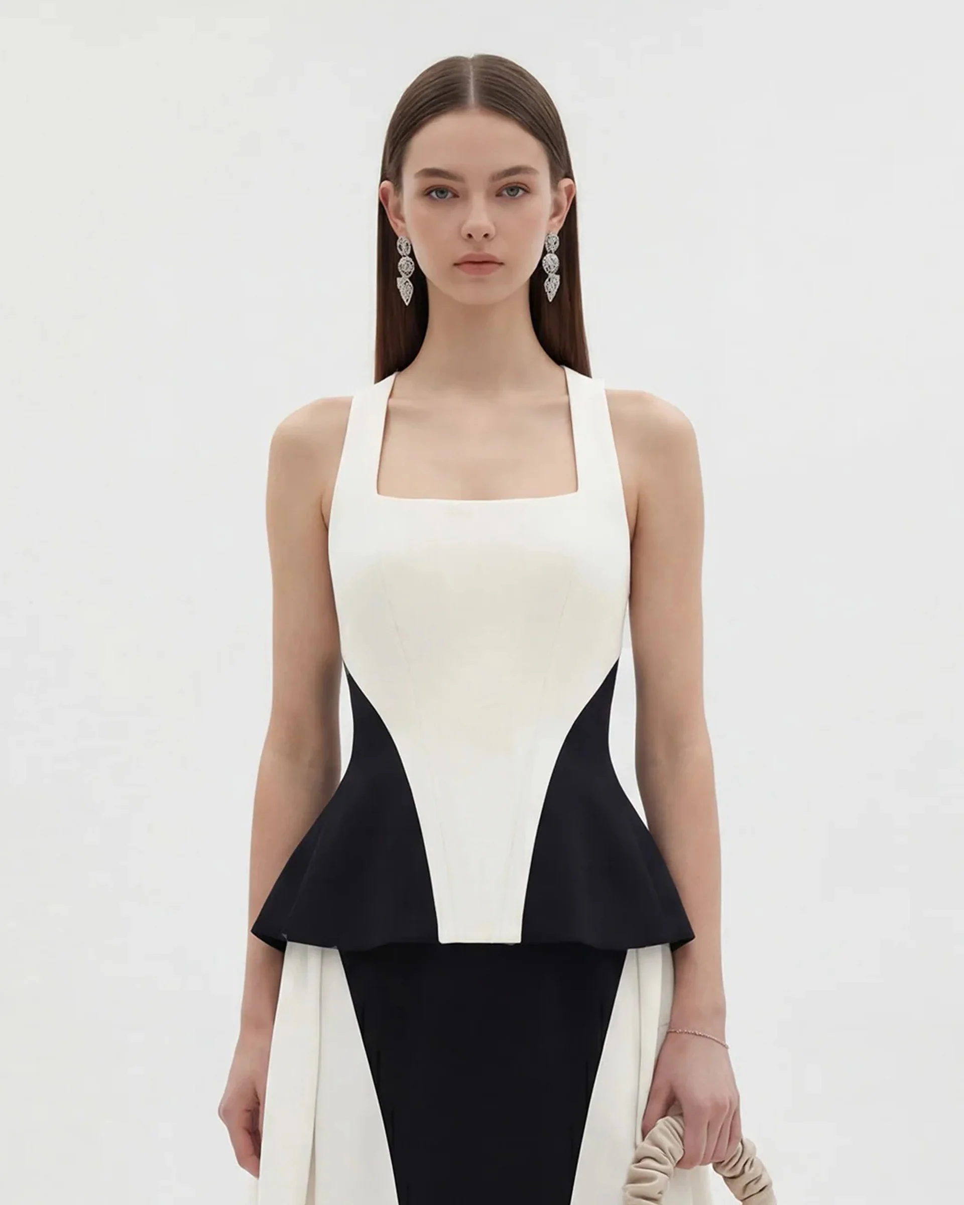 Monochrome Paneled Square-Neck Peplum Top - Black - Image 2