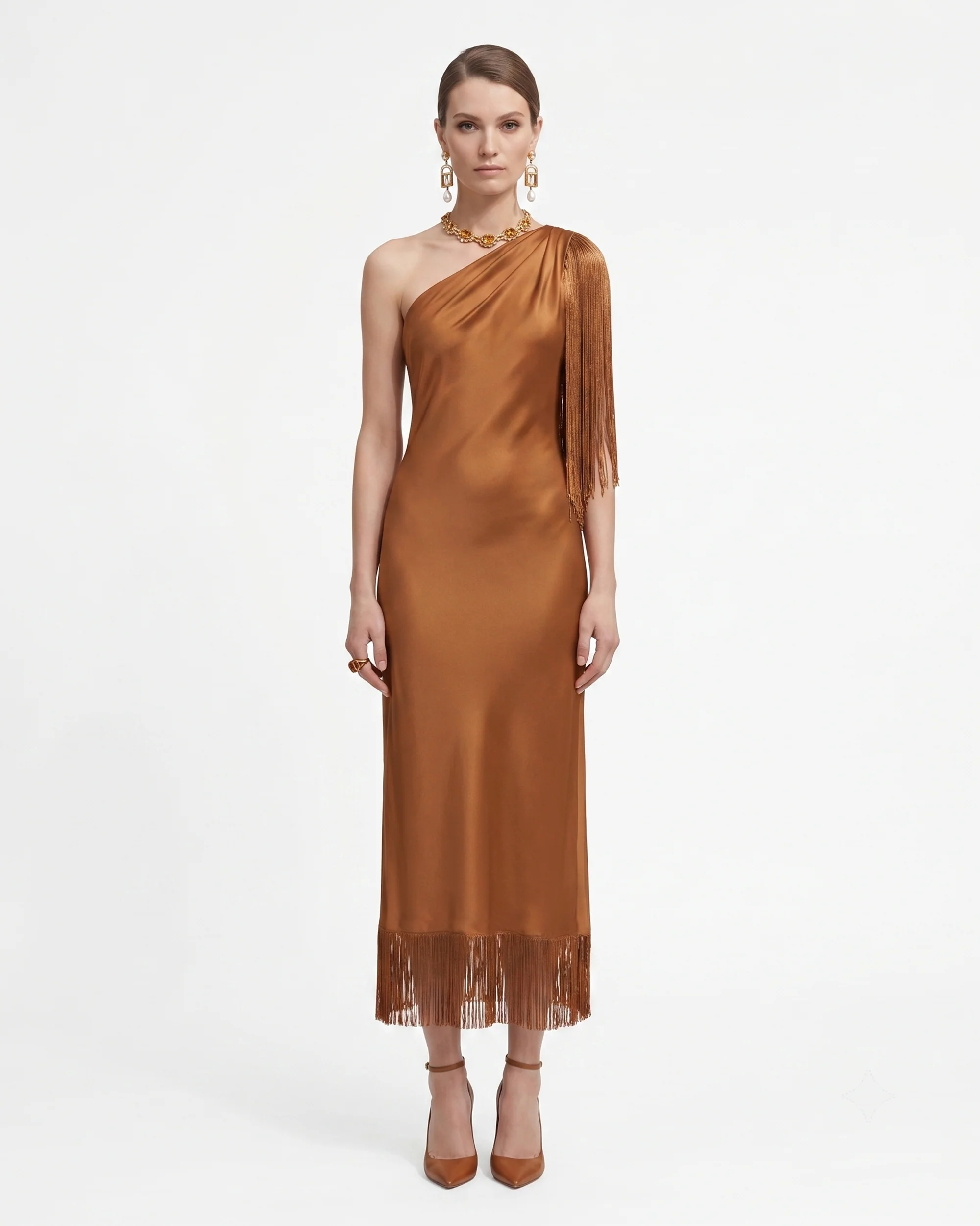 One Shoulder Fringe Midi Dress - Cognac