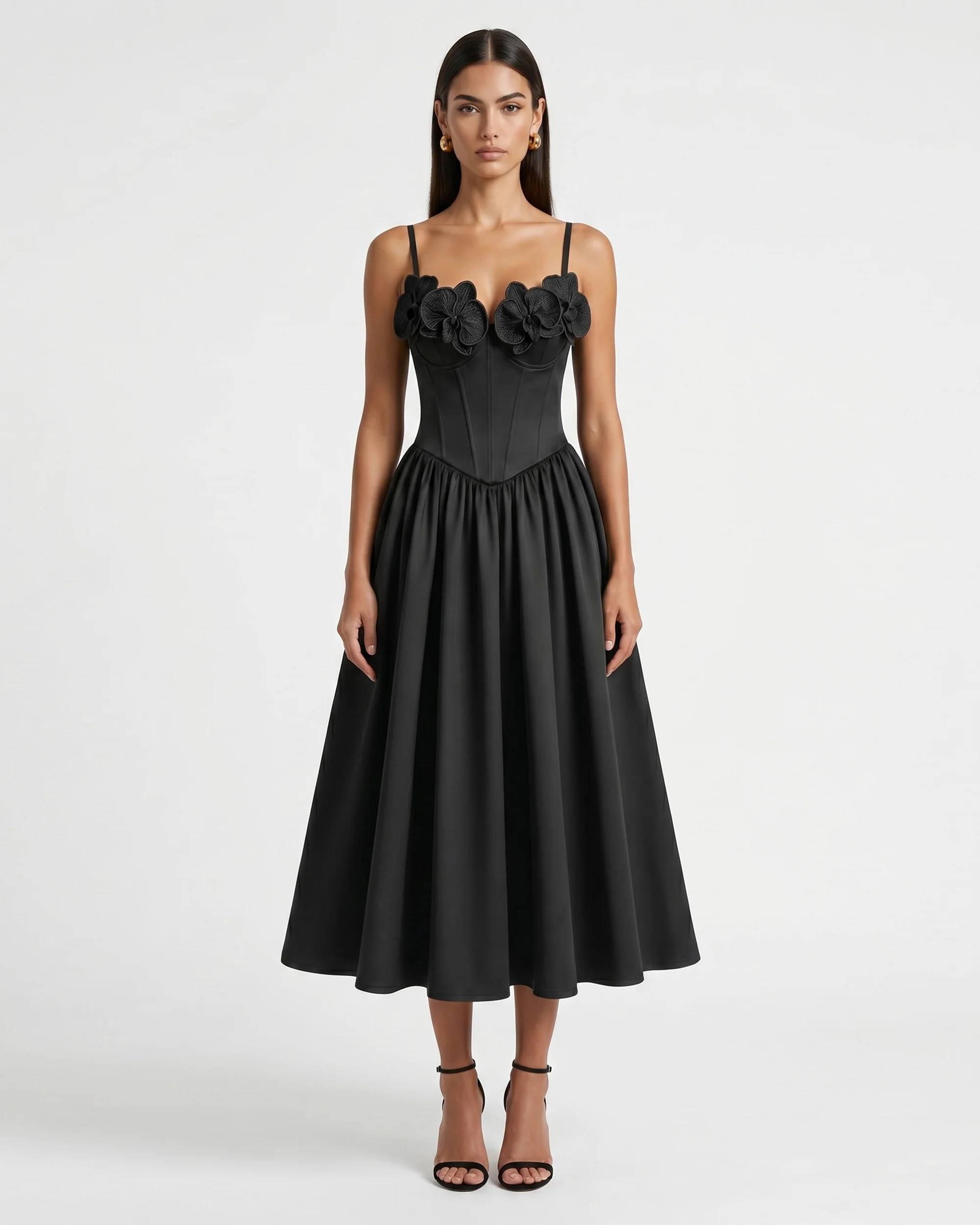Orchid Embroidered Appliqué Corset Maxi Dress - Black