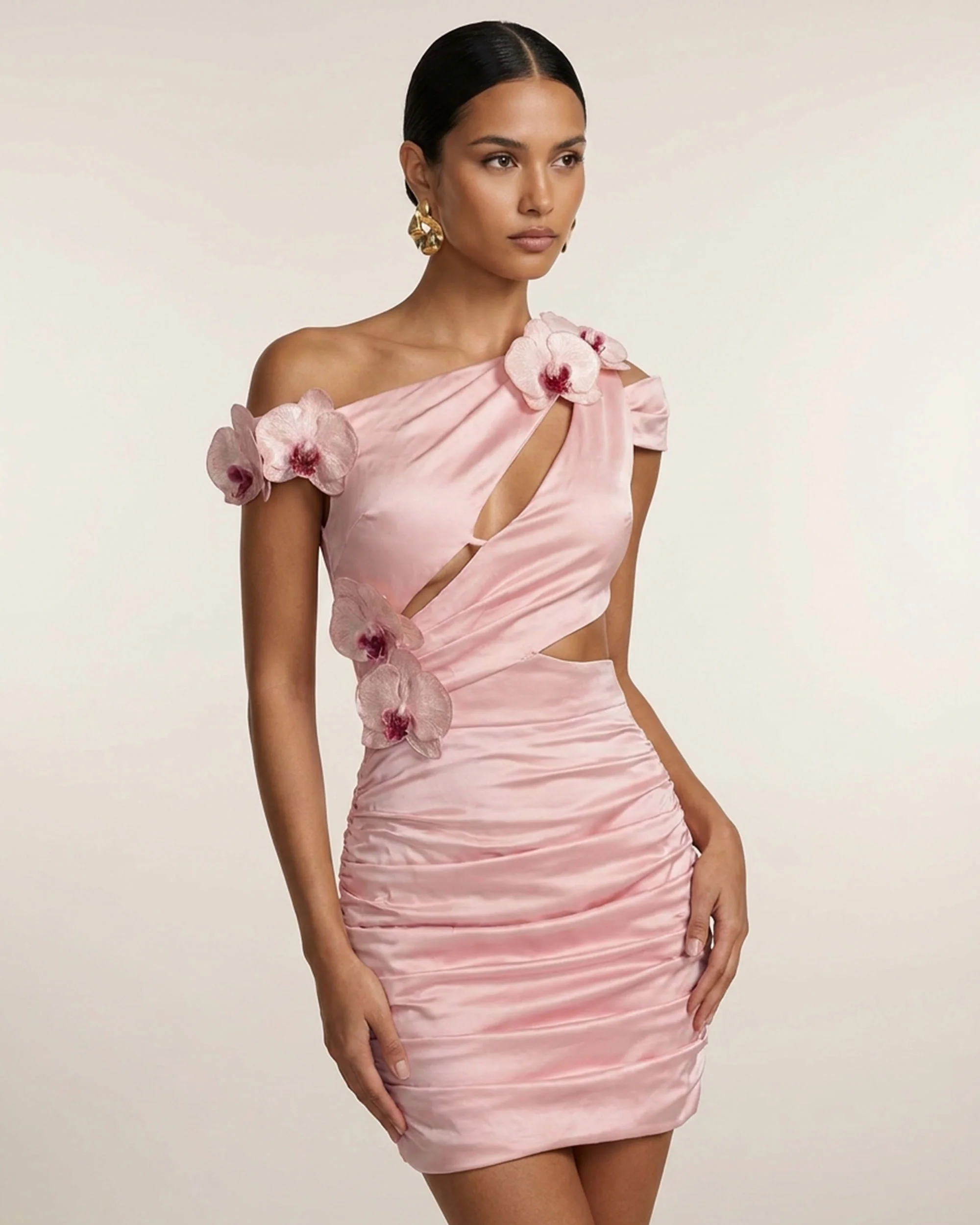 Orchid Embroidered Cutout Ruched Mini Dress - Blush Pink