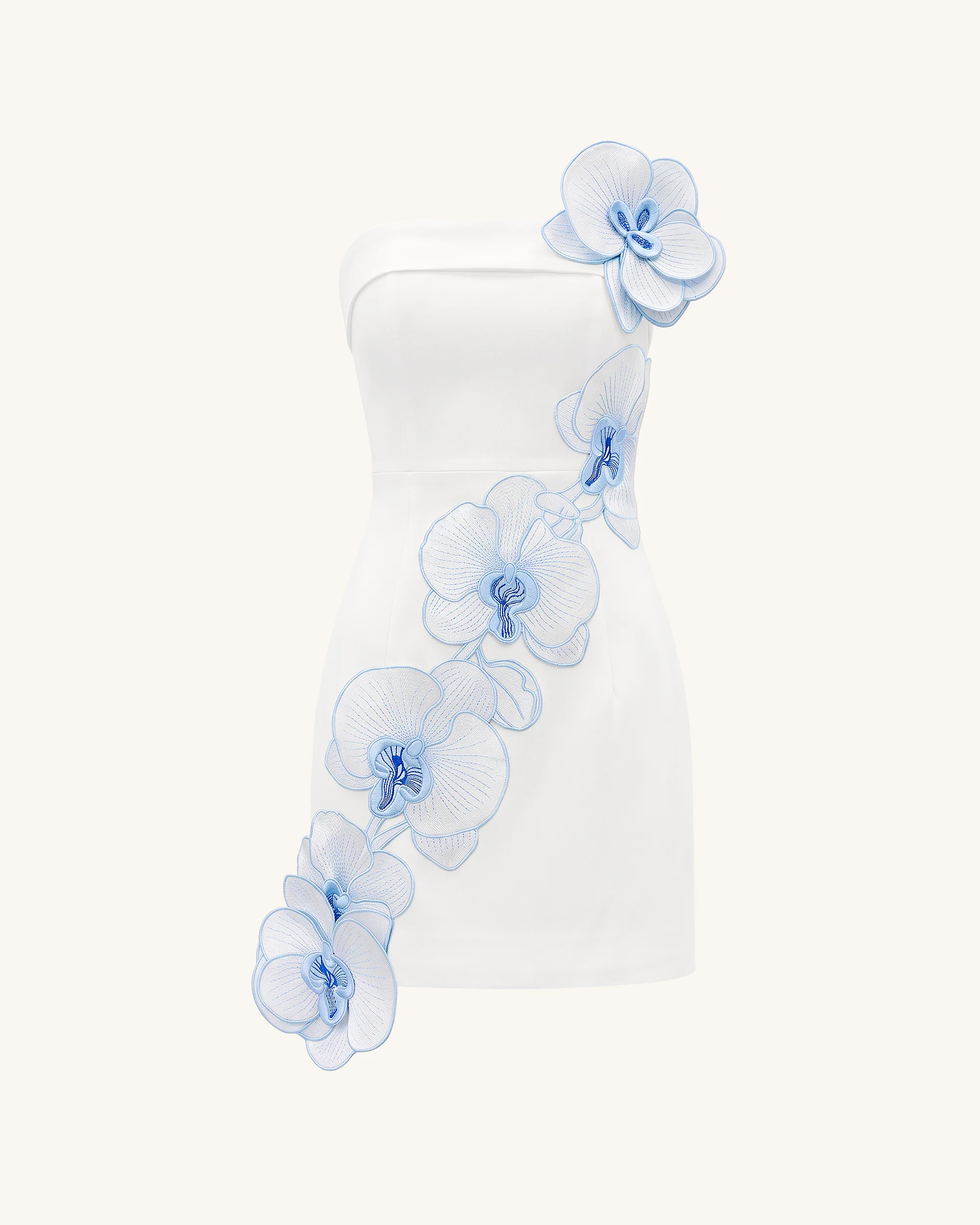 Orchid Embroidered Floral Appliqué Strapless Mini Dress - White Blue - Image 3