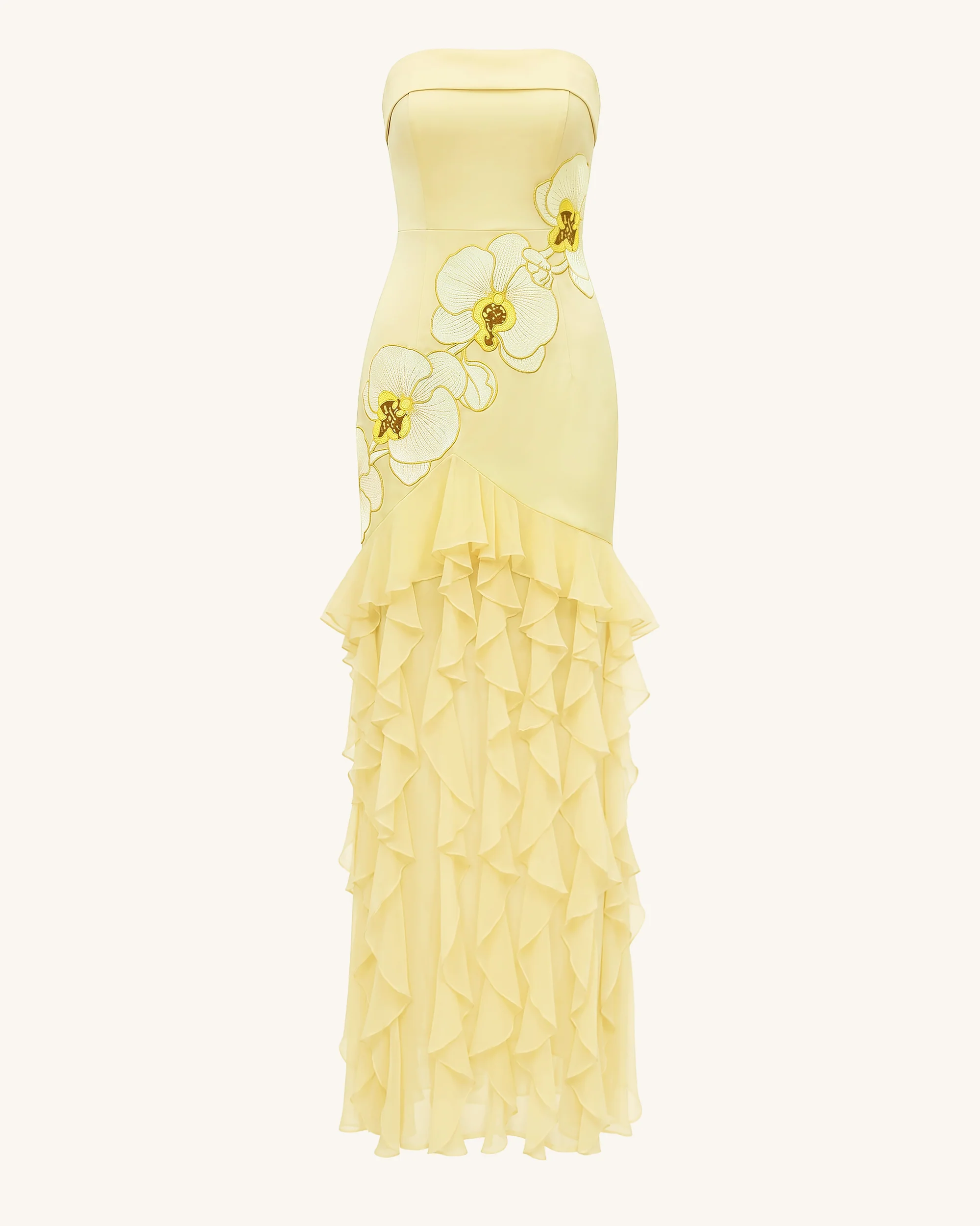 Orchid Embroidered Ruffled Strapless Maxi Dress - Pale Yellow - Image 3