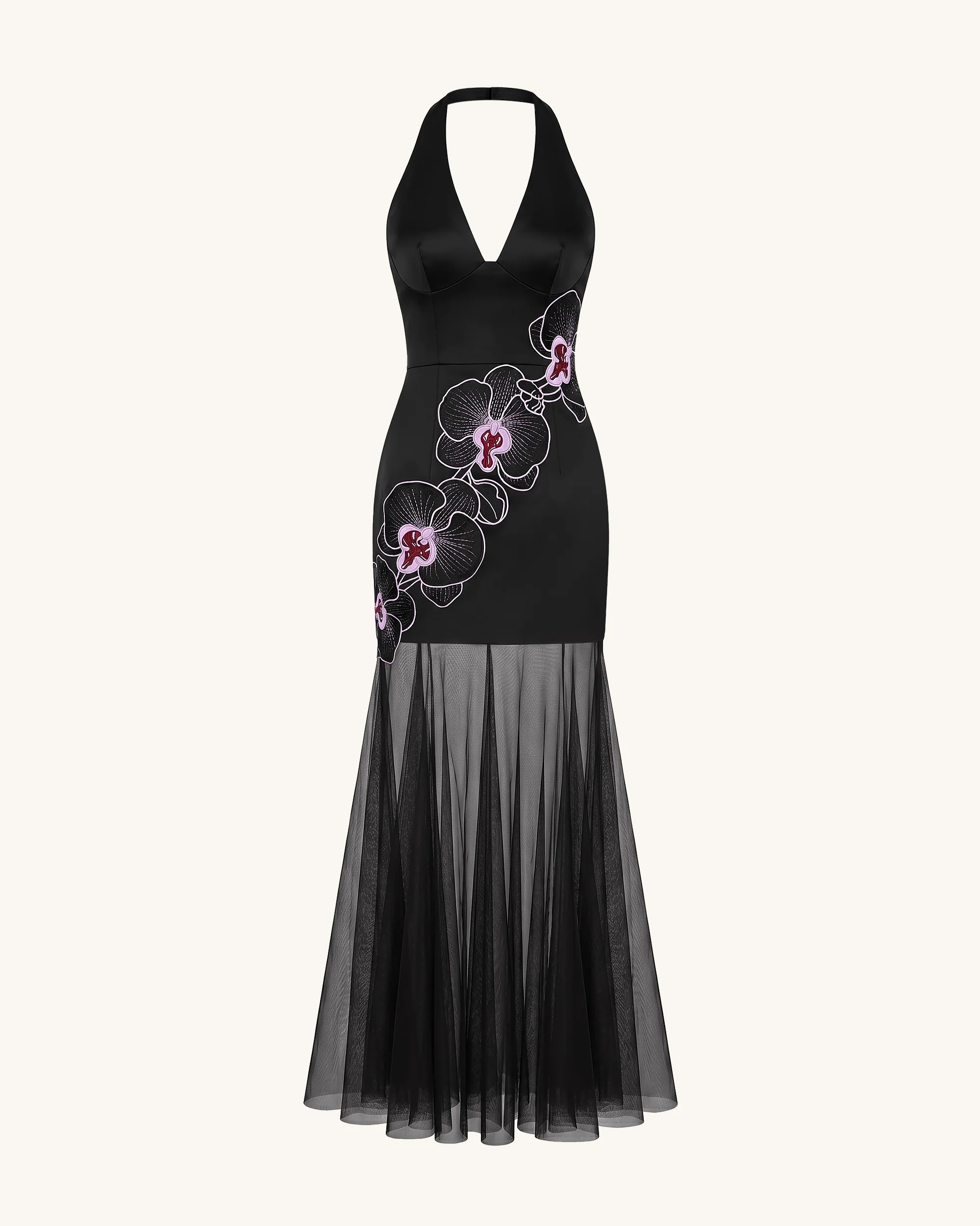 Orchid Embroidered Sheer Hem Halter Maxi Dress- Black Purple - Image 3