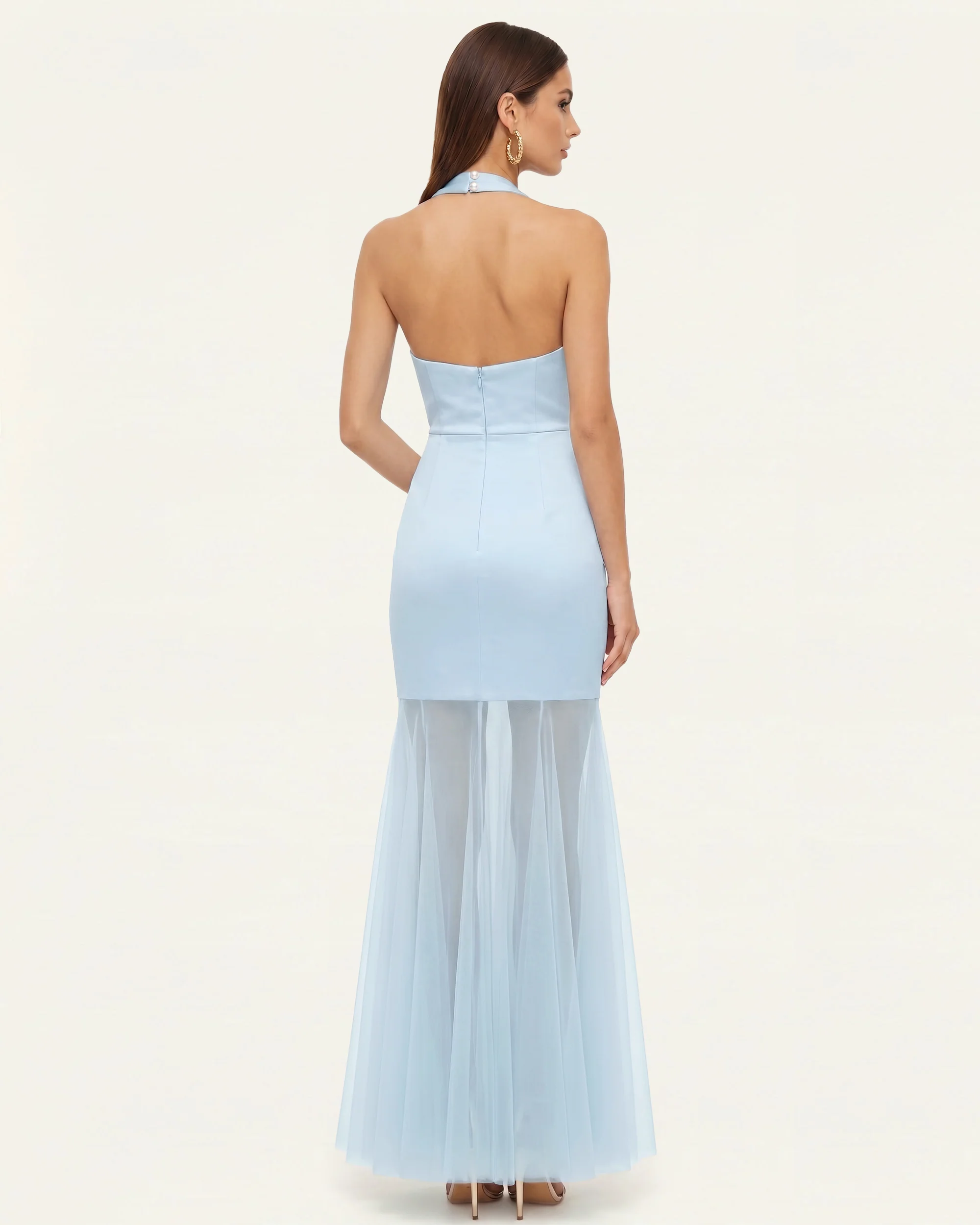 Orchid Embroidered Sheer Hem Halter Maxi Dress - Light Blue - Image 2