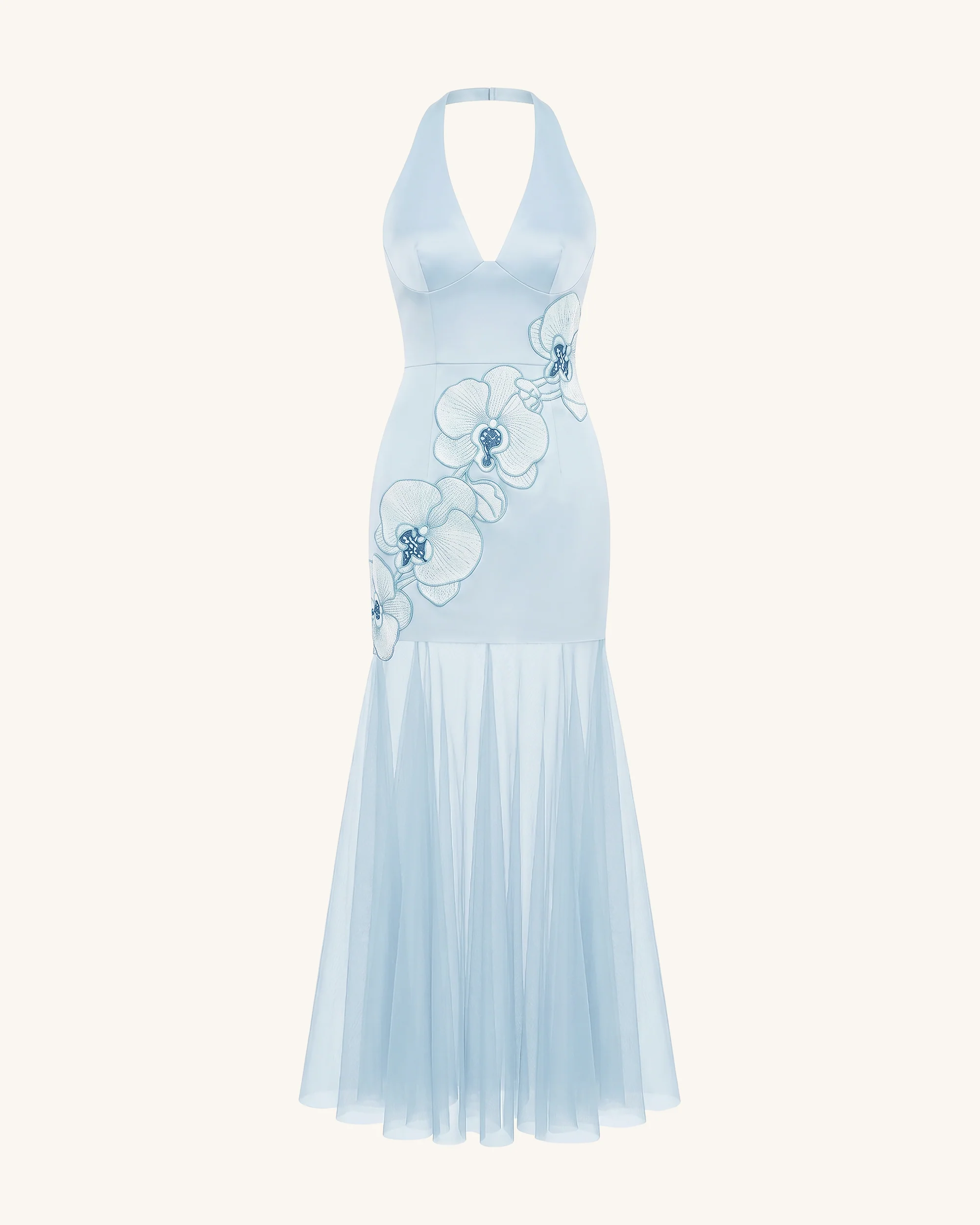 Orchid Embroidered Sheer Hem Halter Maxi Dress - Light Blue - Image 3