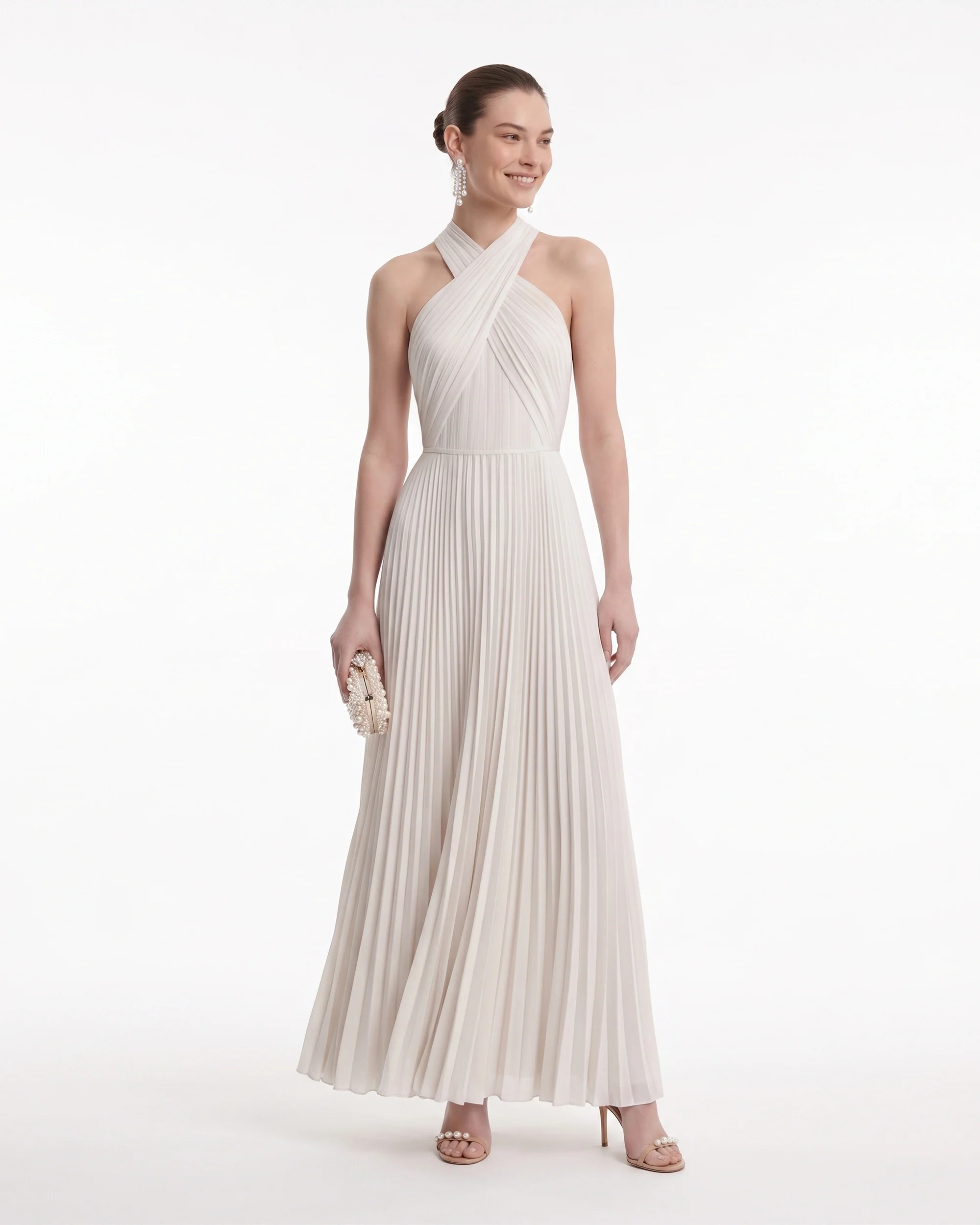 Pleated Cross Halter Maxi Dress - Ivory