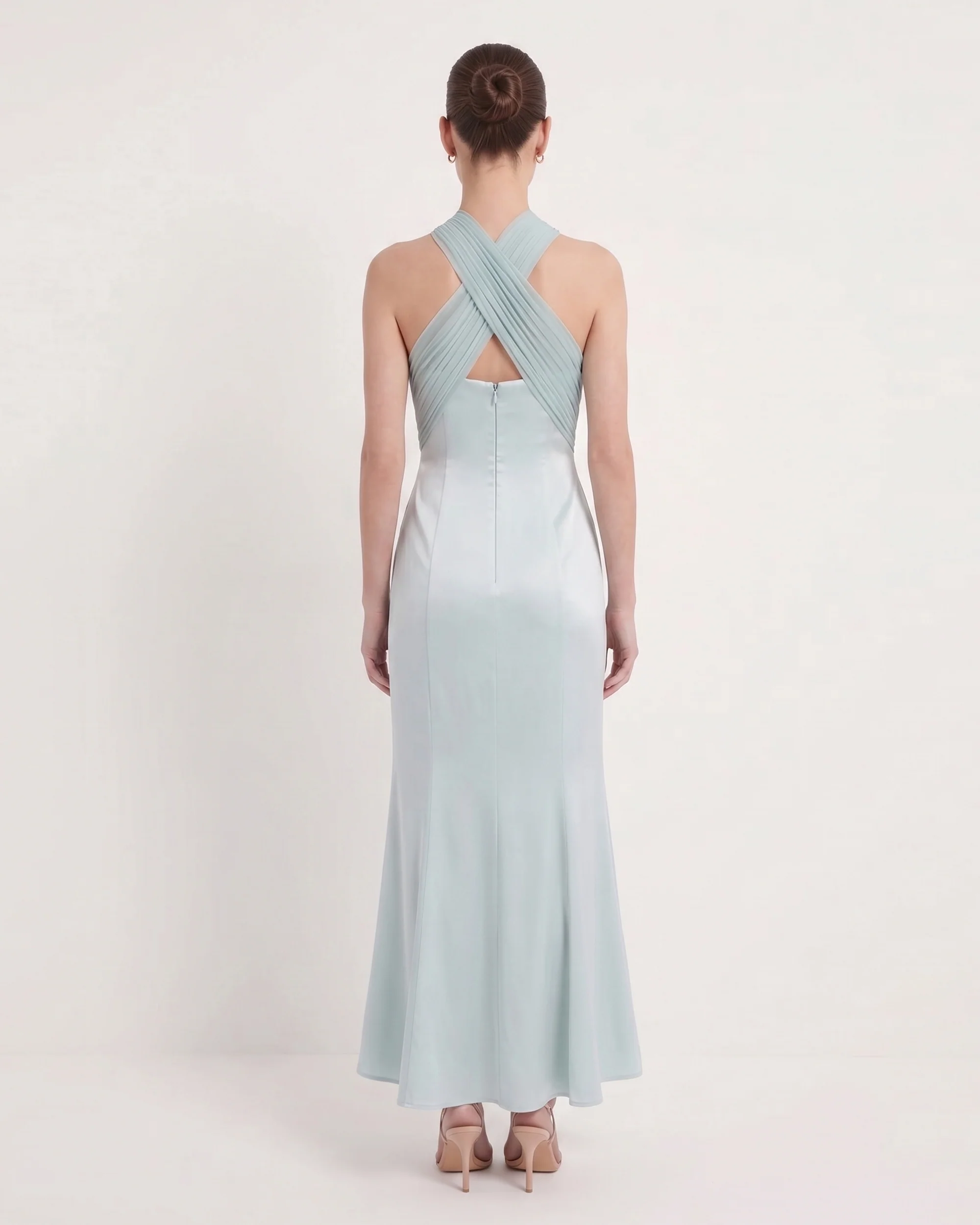 Pleated Cross-Halter Satin Maxi Dress - Dusty Blue - Image 2