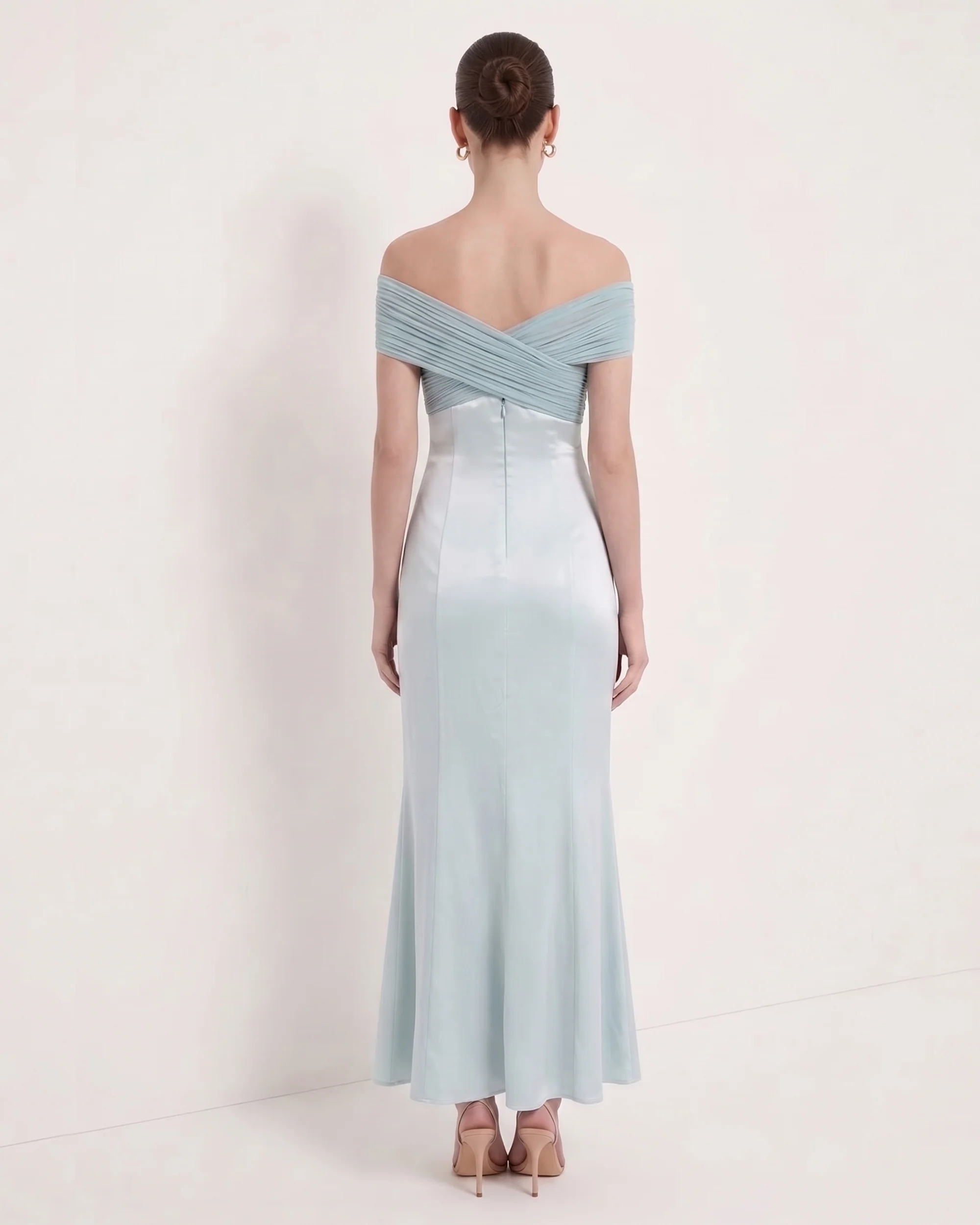 Pleated Cross-Halter Satin Maxi Dress - Dusty Blue - Image 4