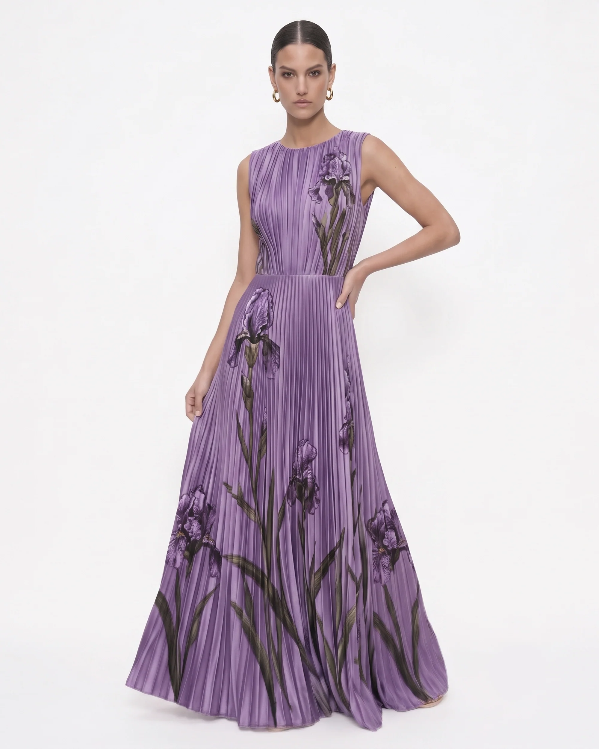 Pleated Iris Print Sleeveless Maxi Dress - Lavender