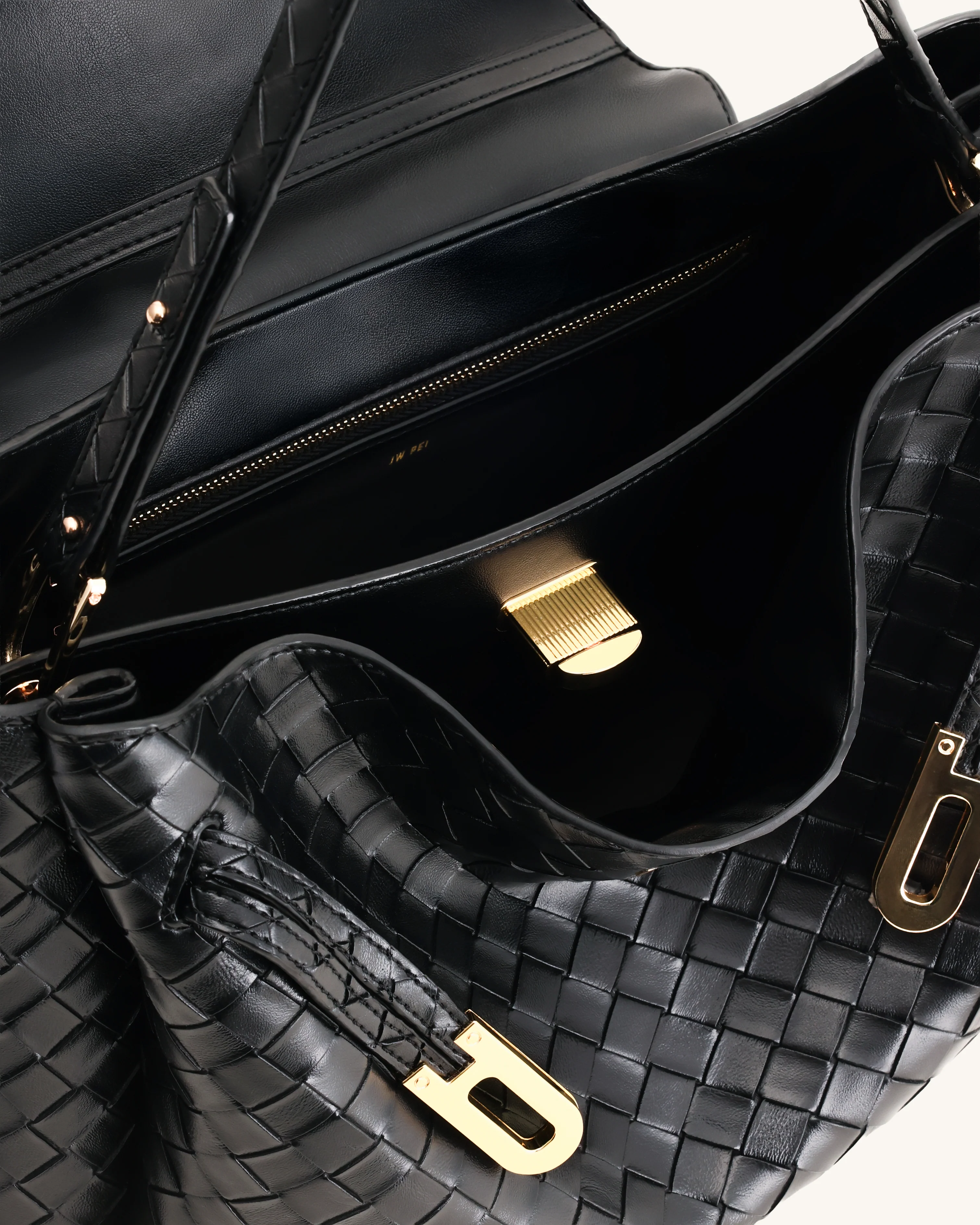 Rhea Large Woven Textured Shoulder Bag - Black - Image 4