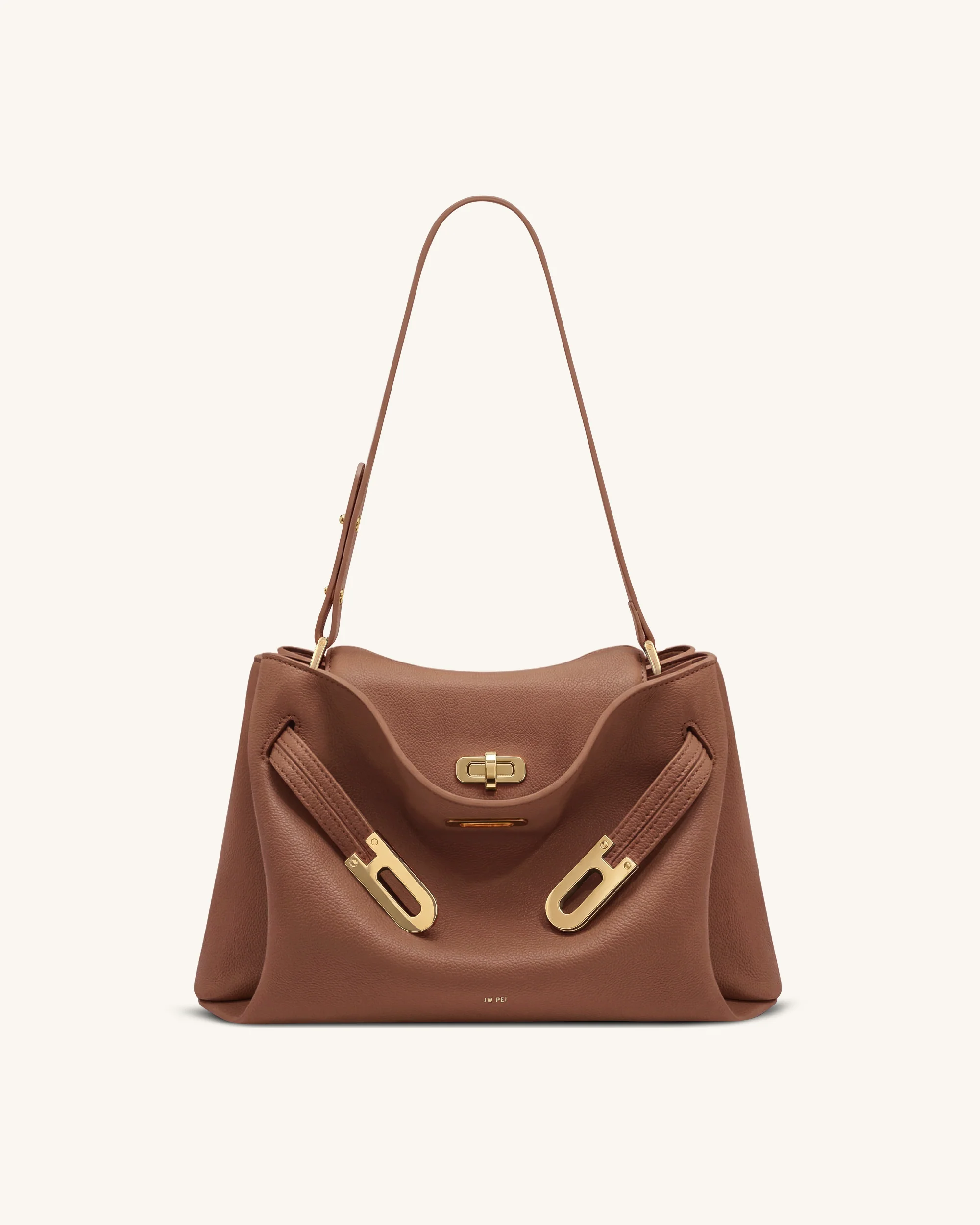Rhea Pebbled Double Buckle Shoulder Bag - Earth Brown