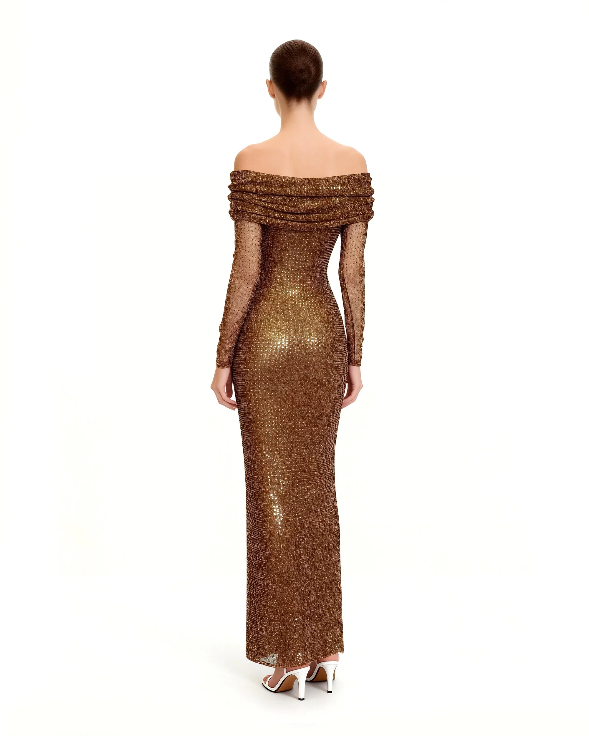 Rhinestone Mesh Off-Shoulder Maxi Dress - Brown - Image 3