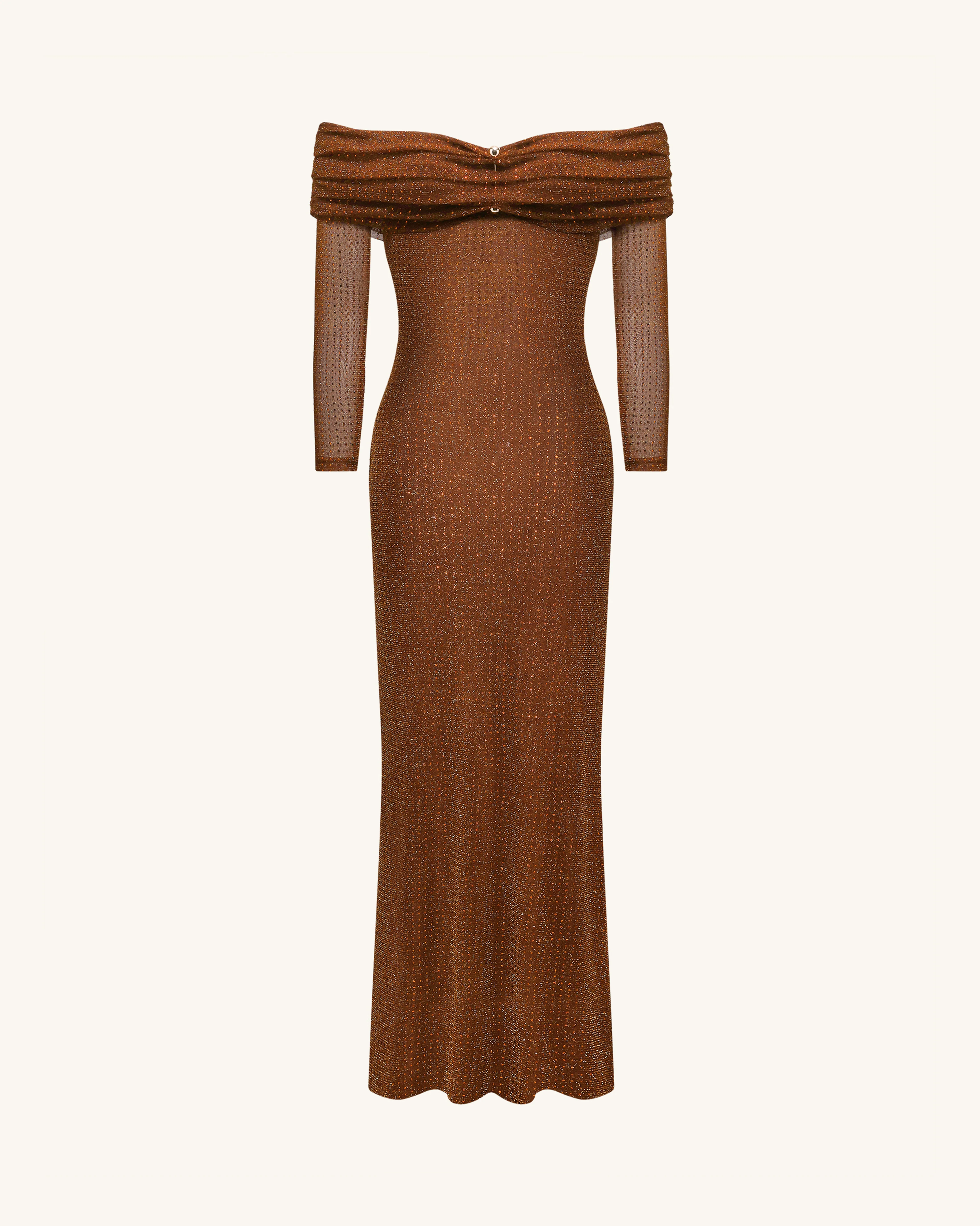 Rhinestone Mesh Off-Shoulder Maxi Dress - Brown - Image 4