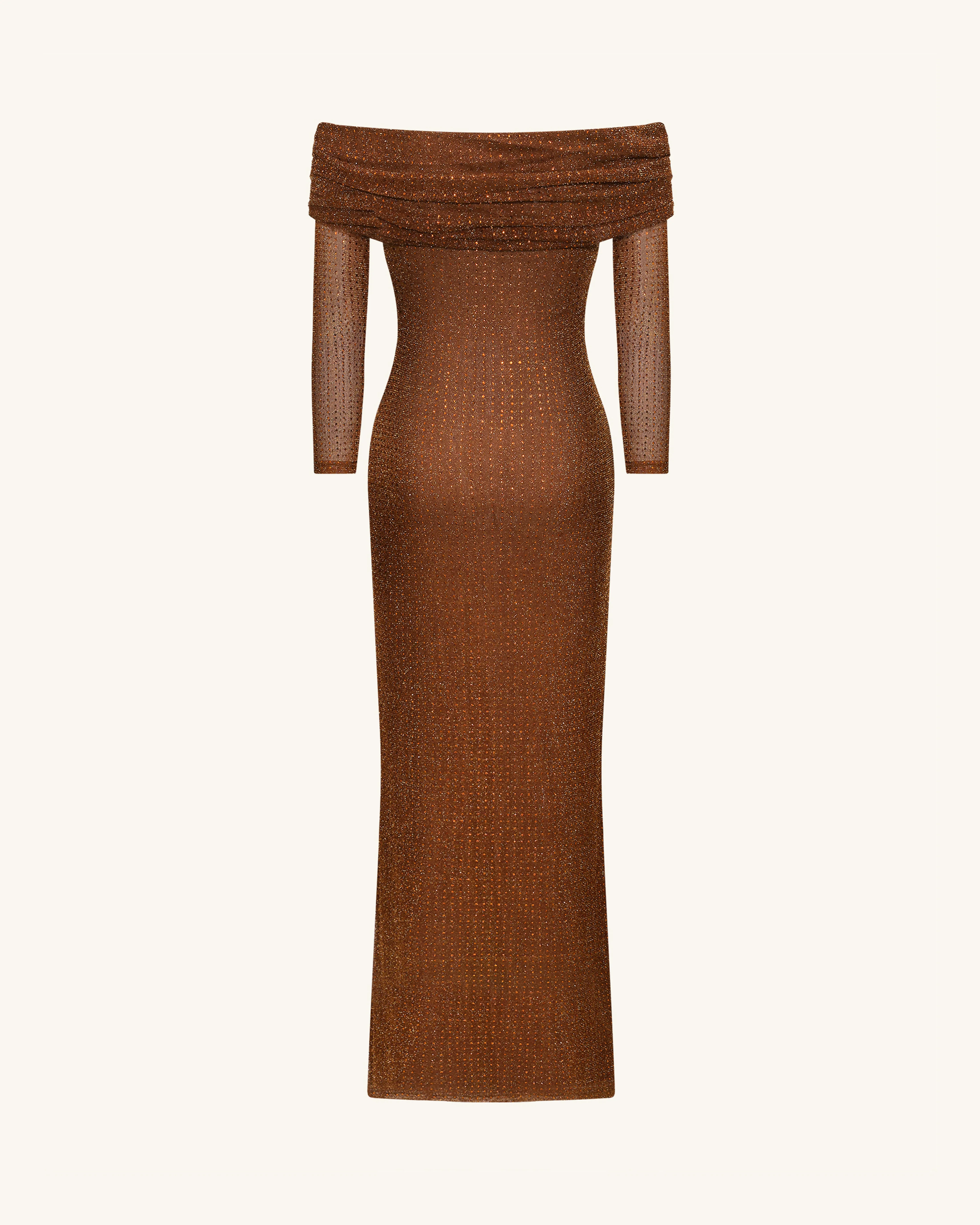 Rhinestone Mesh Off-Shoulder Maxi Dress - Brown - Image 6