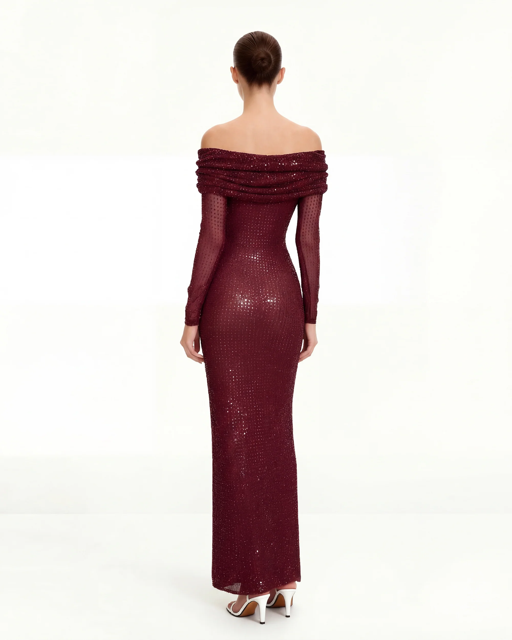 Rhinestone Mesh Off-Shoulder Maxi Dress - Claret - Image 2