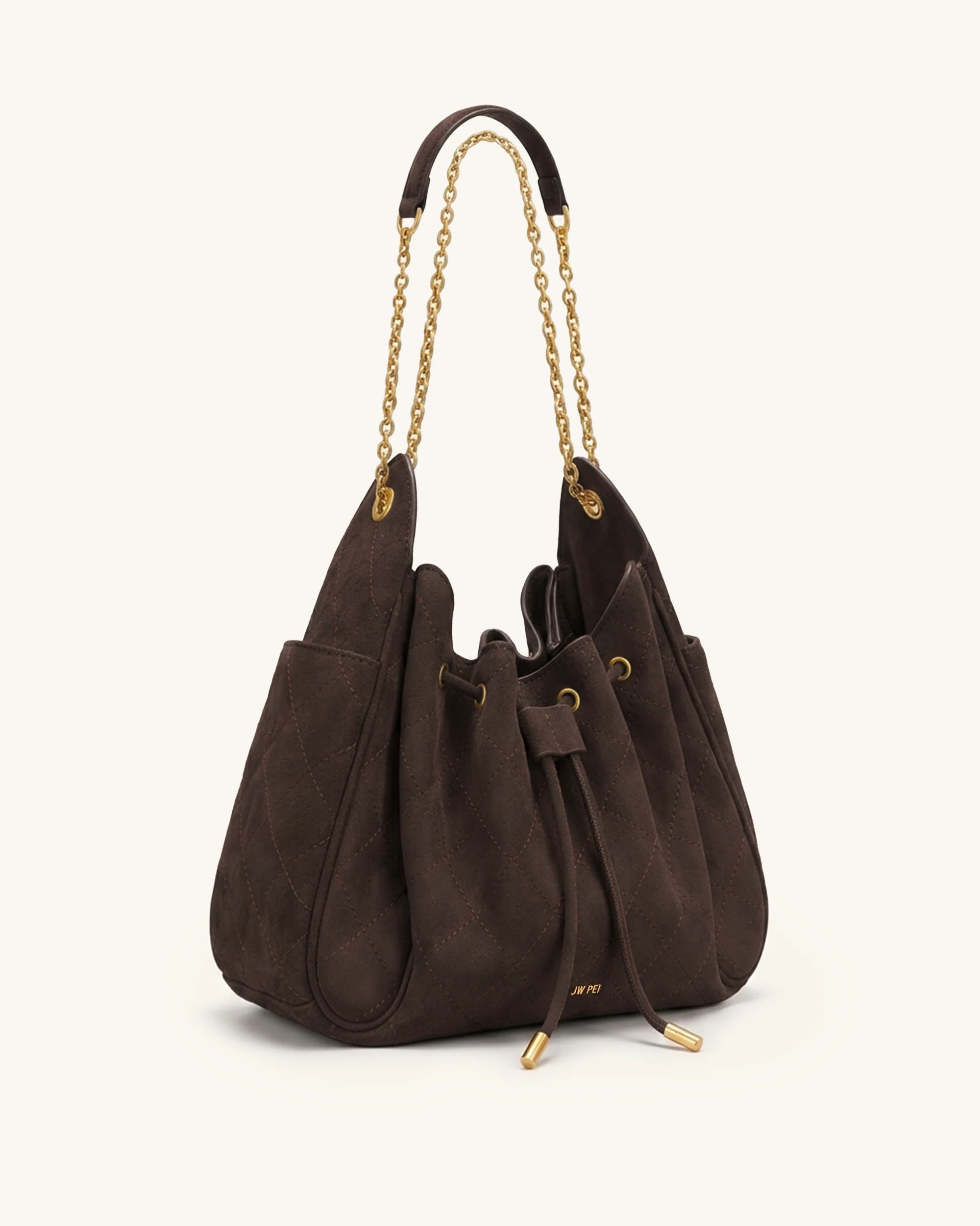 Rowan Faux Suede Quilted Chain Bucket Bag - Dark Brown - Image 2