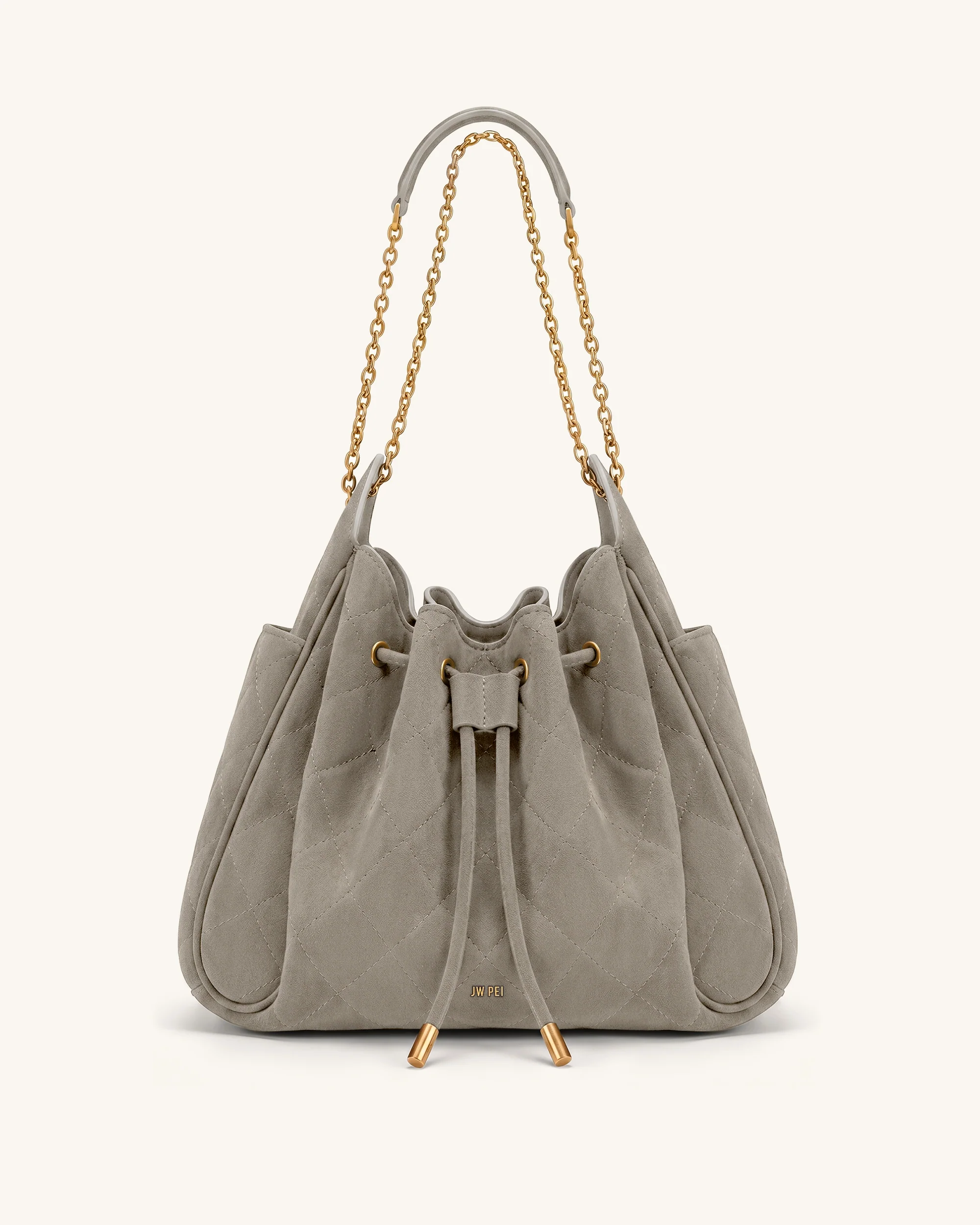 Rowan Faux Suede Quilted Chain Bucket Bag - Gray