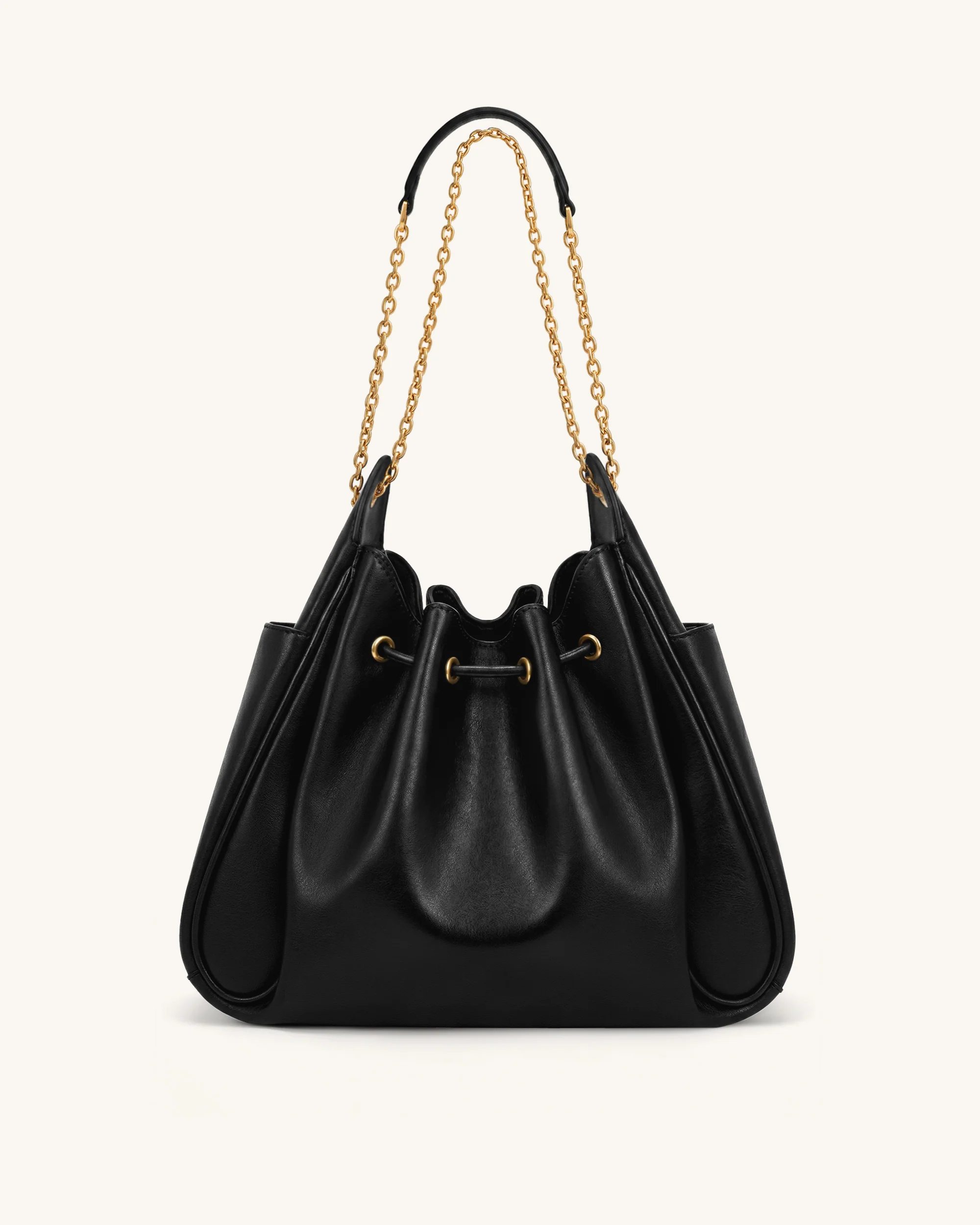 Rowan Ruched Drawstring Chain Bucket Bag - Black - Image 3