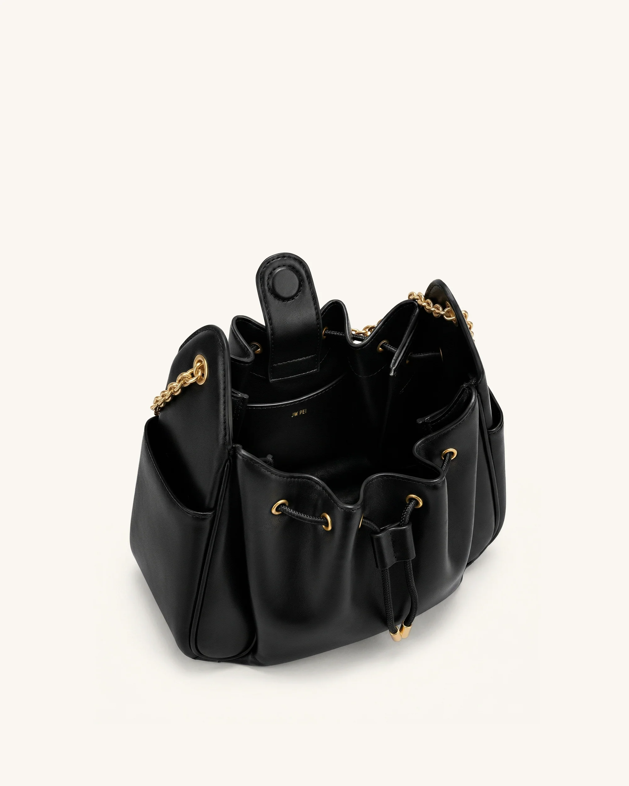 Rowan Ruched Drawstring Chain Bucket Bag - Black - Image 4