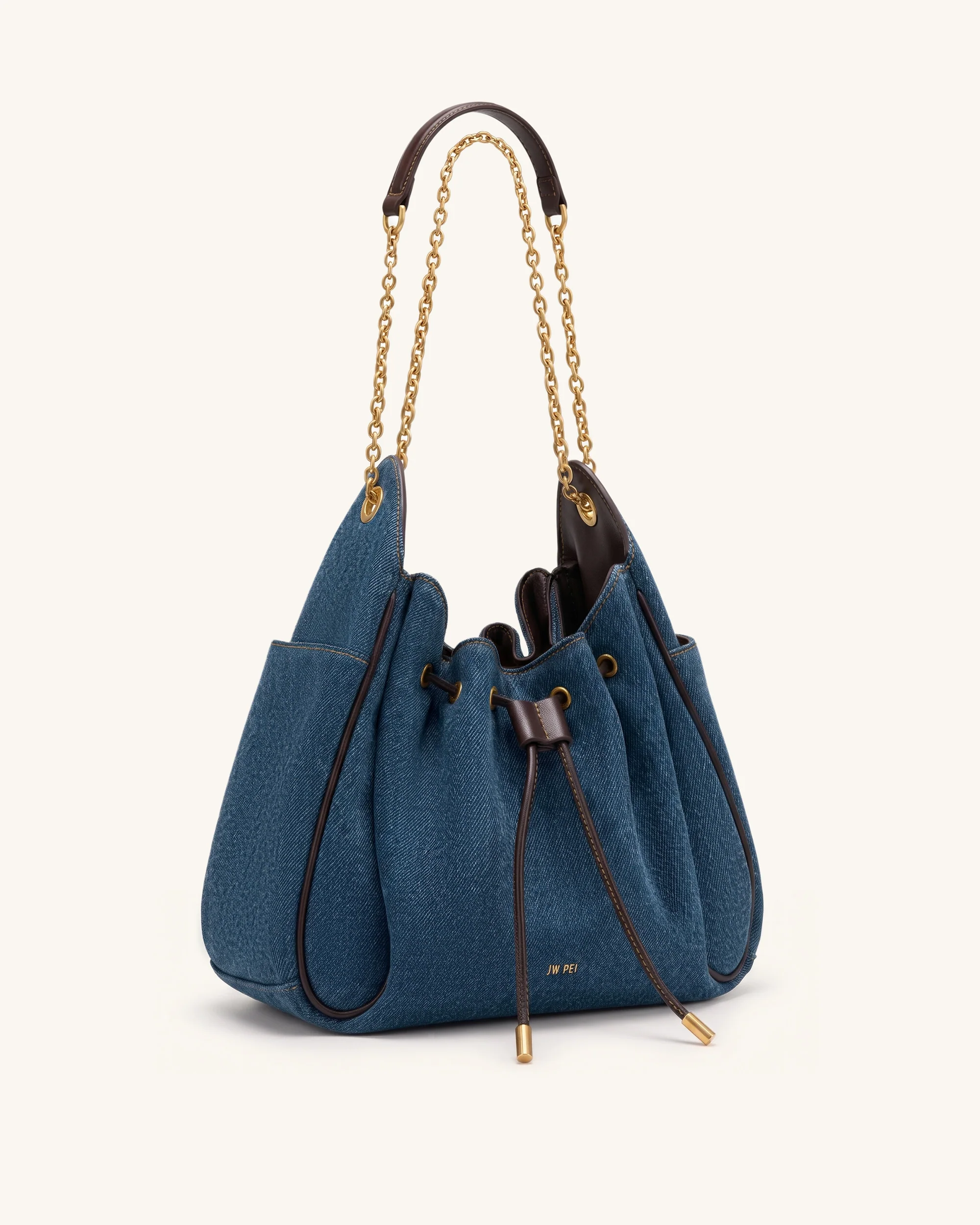 Rowan Ruched Drawstring Chain Bucket Bag - Dark Blue Denim - Image 2