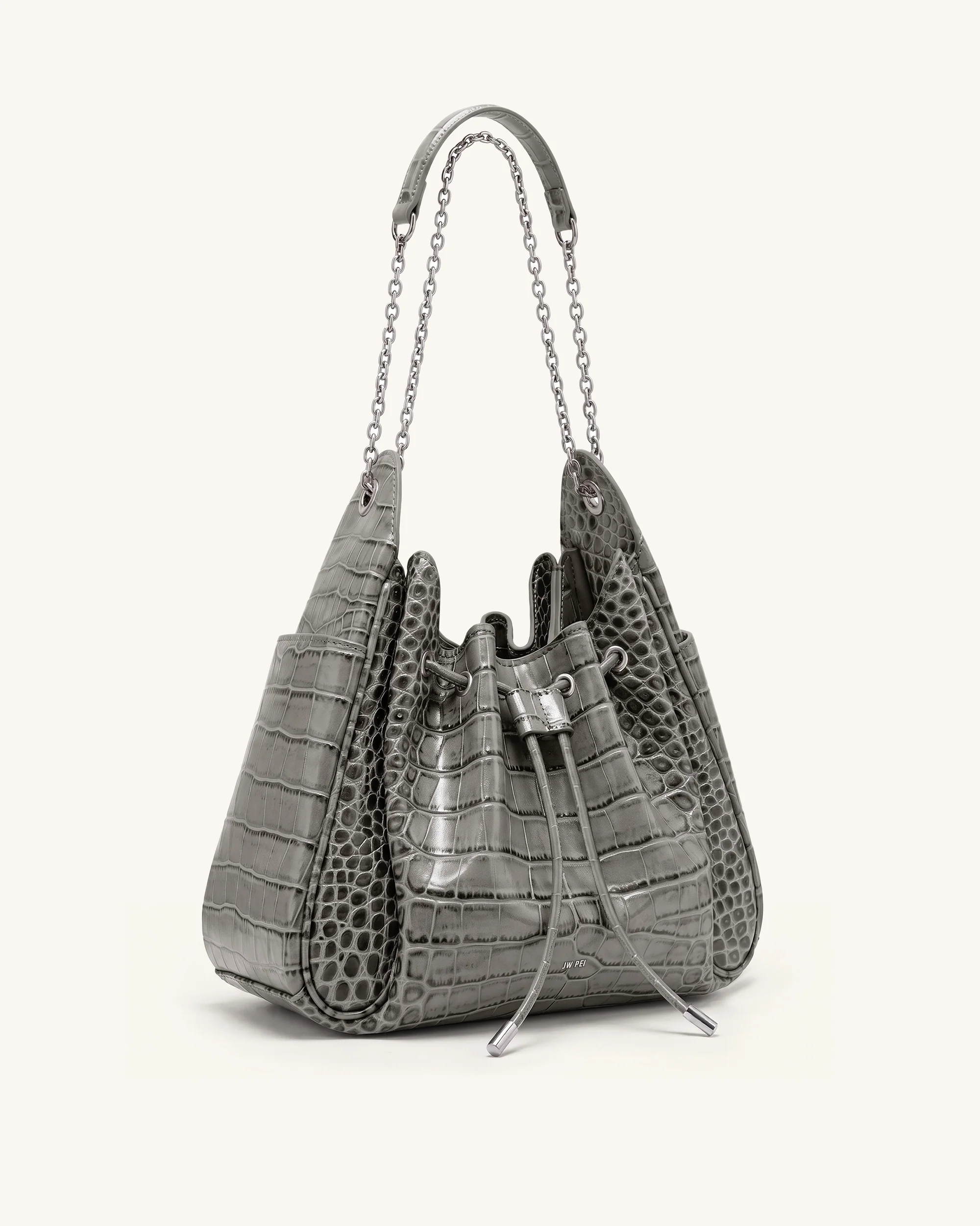 Rowan Ruched Drawstring Chain Bucket Bag - Grey Croc - Image 2