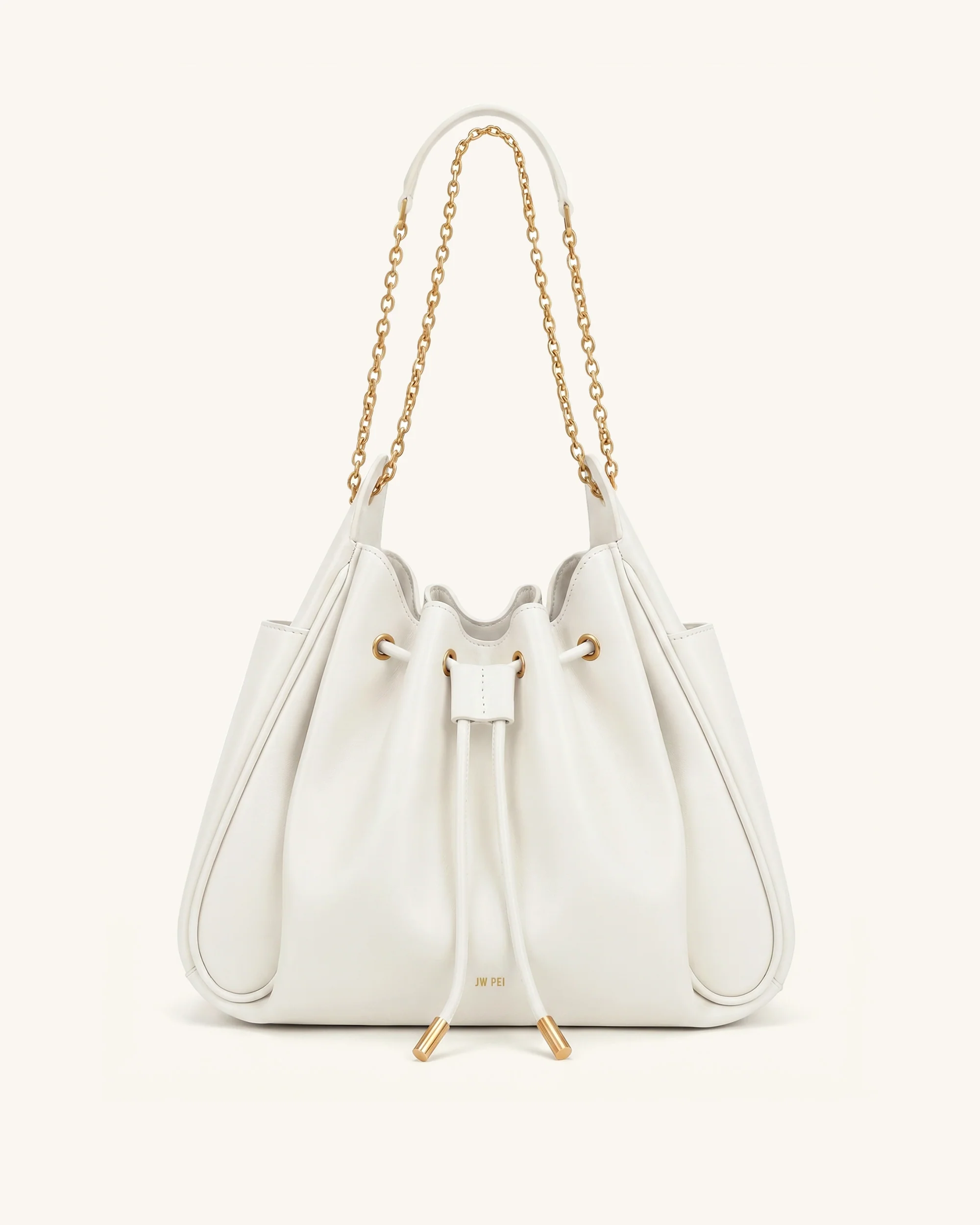 Rowan Ruched Drawstring Chain Bucket Bag - Ivory