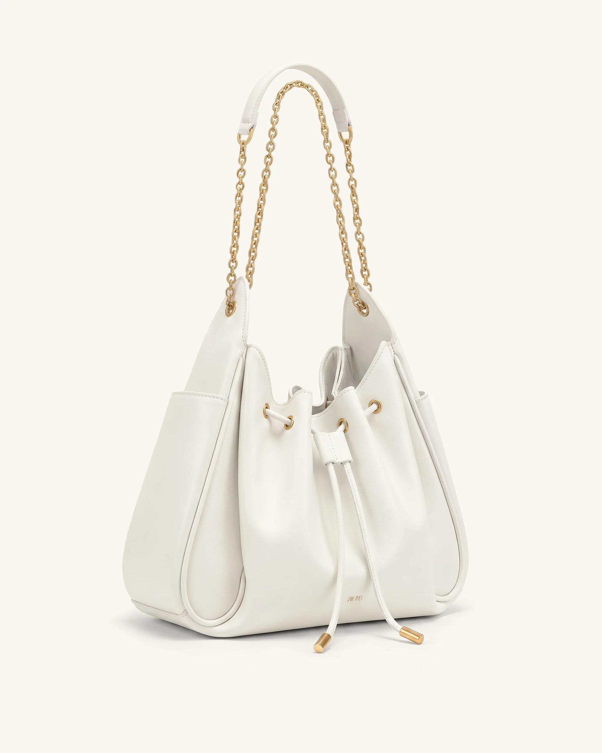 Rowan Ruched Drawstring Chain Bucket Bag - Ivory - Image 2