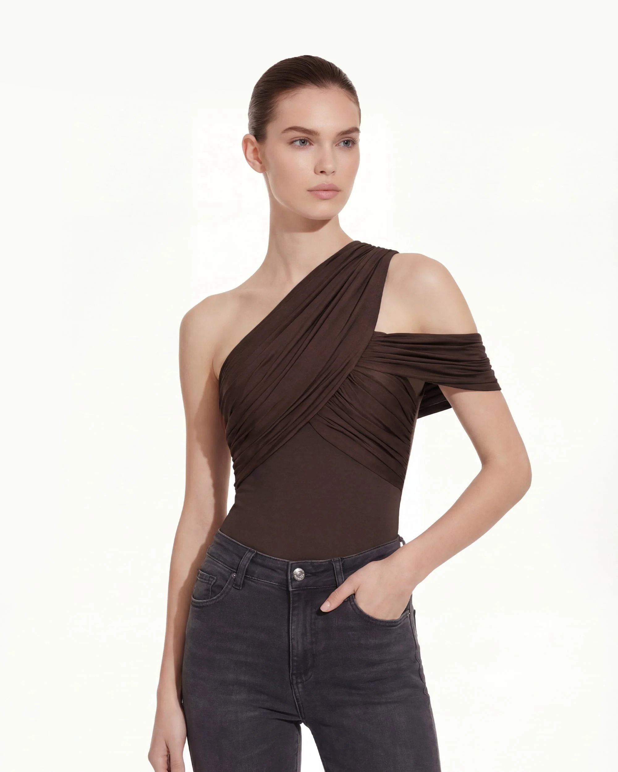 Ruched Asymmetric One-Shoulder Top - Brown - Image 2