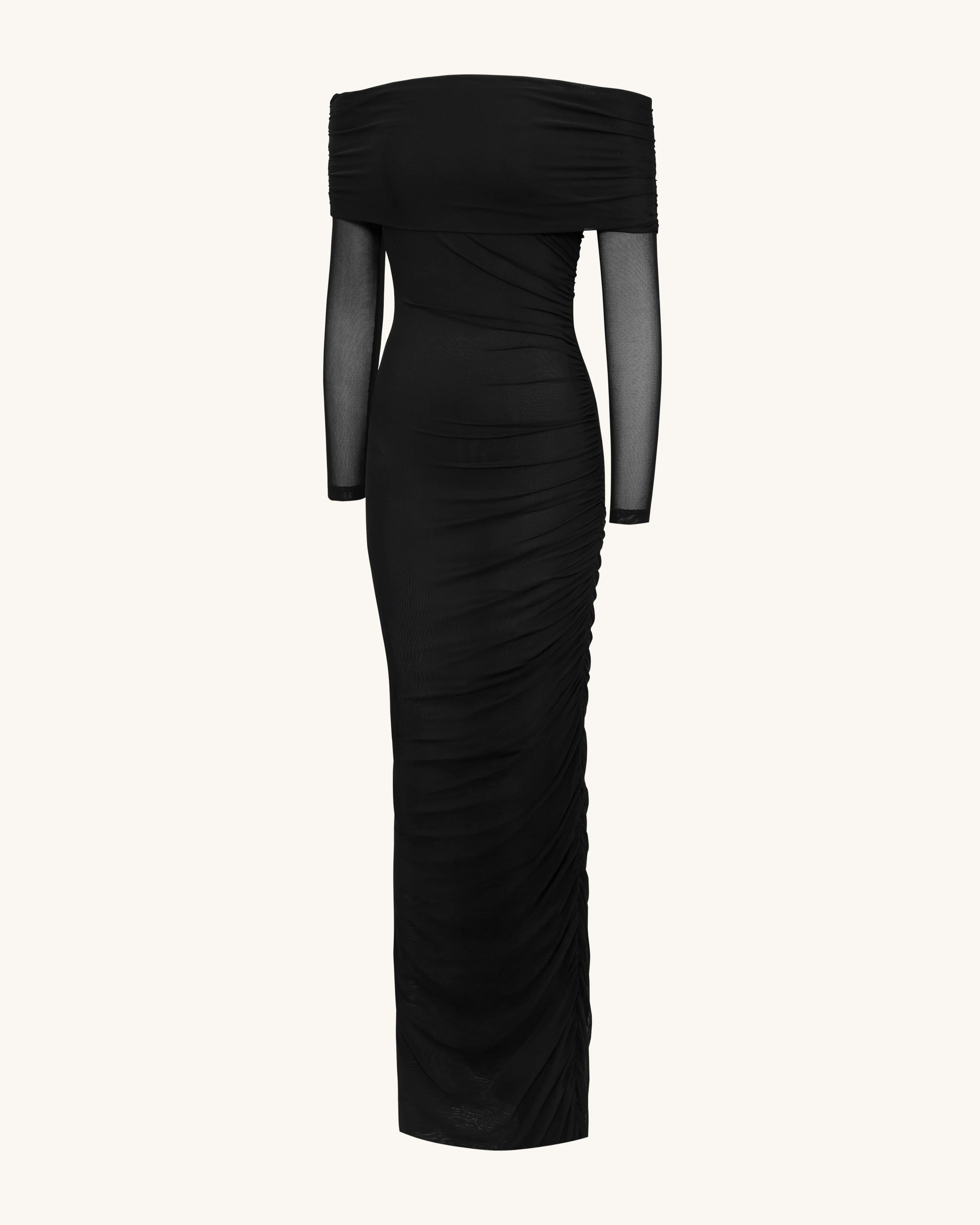 Ruched Off-Shoulder Mesh-Sleeve Mermaid Maxi Dress - Black - Image 4