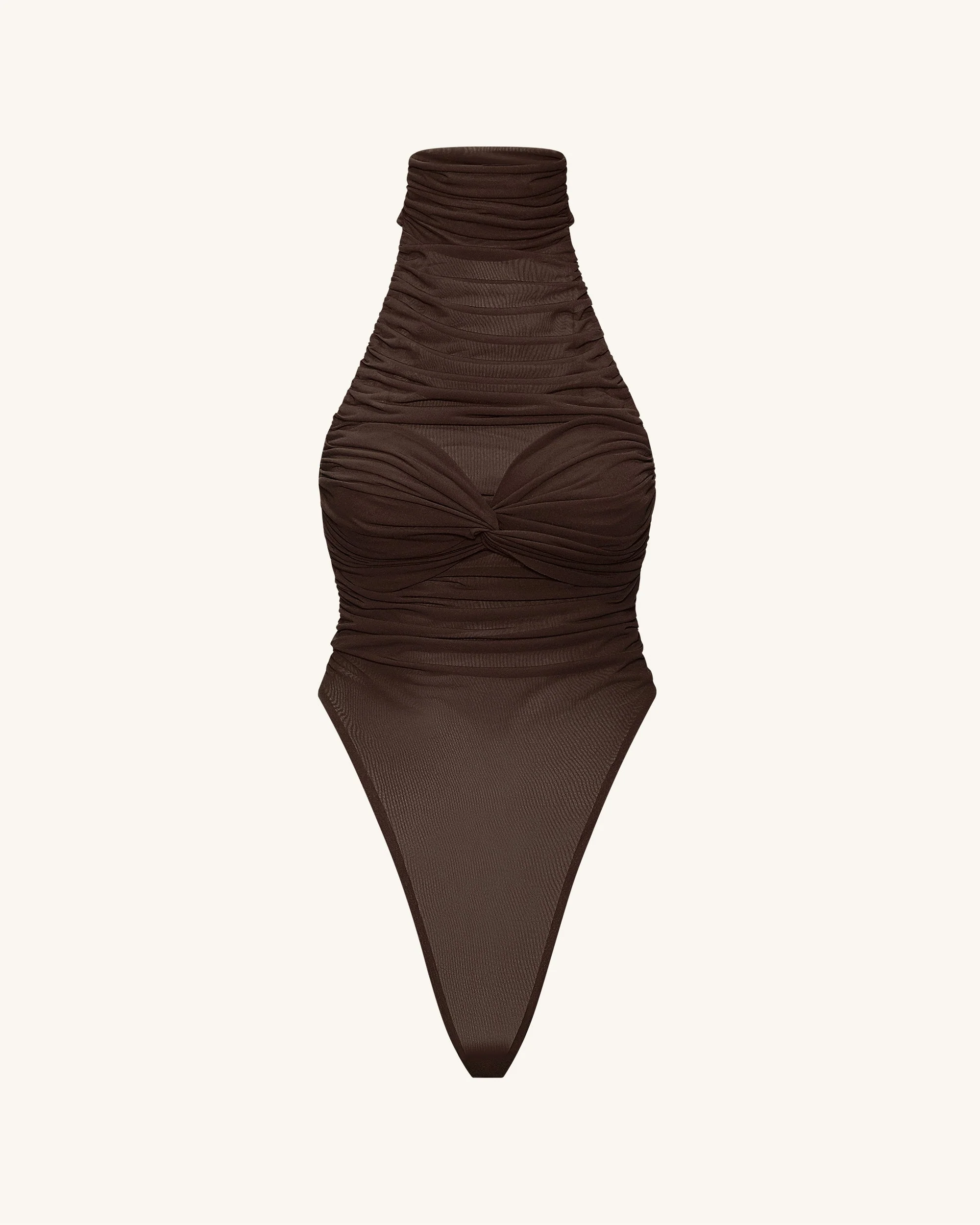 Ruched Twist-Front Halter Bodysuit - Brown - Image 6