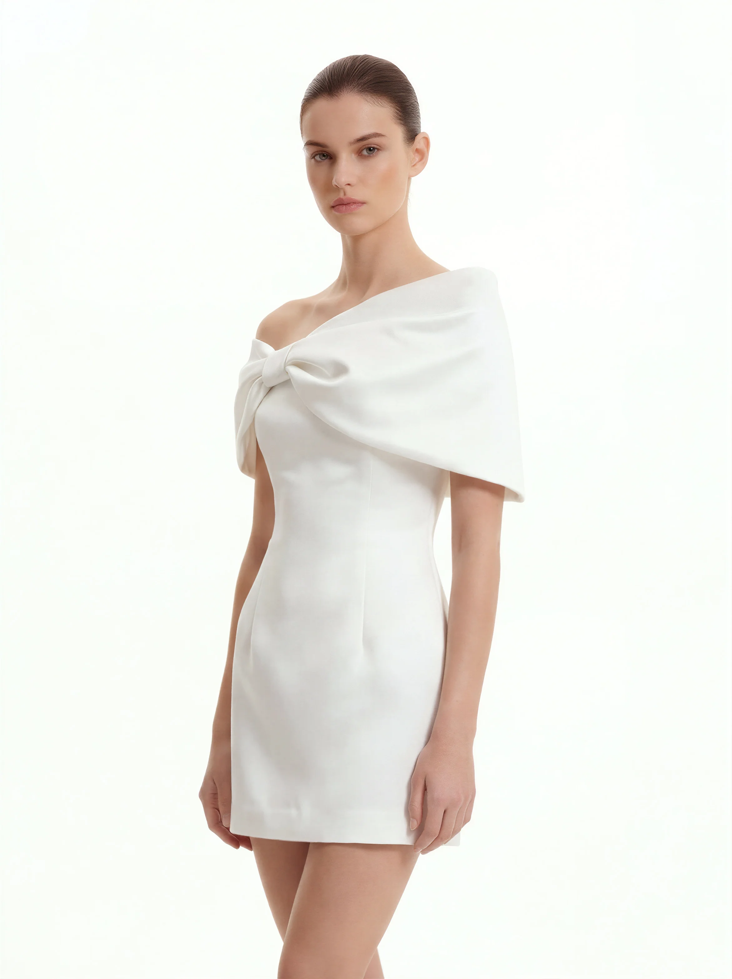 Satin Asymmetric Bow Mini Dress - White - Image 2