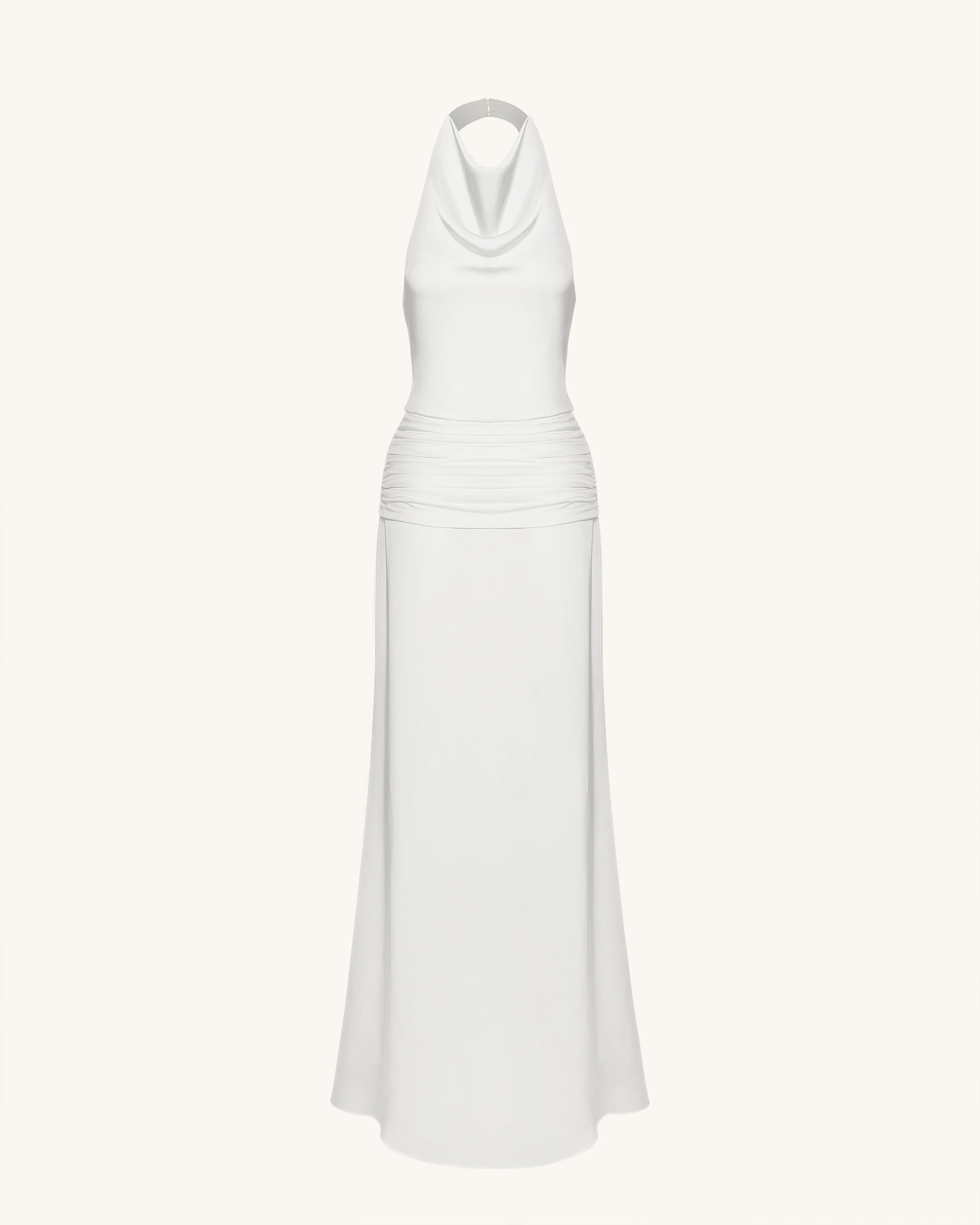 Satin Cowl Neck Ruched Maxi Gown - White - Image 4