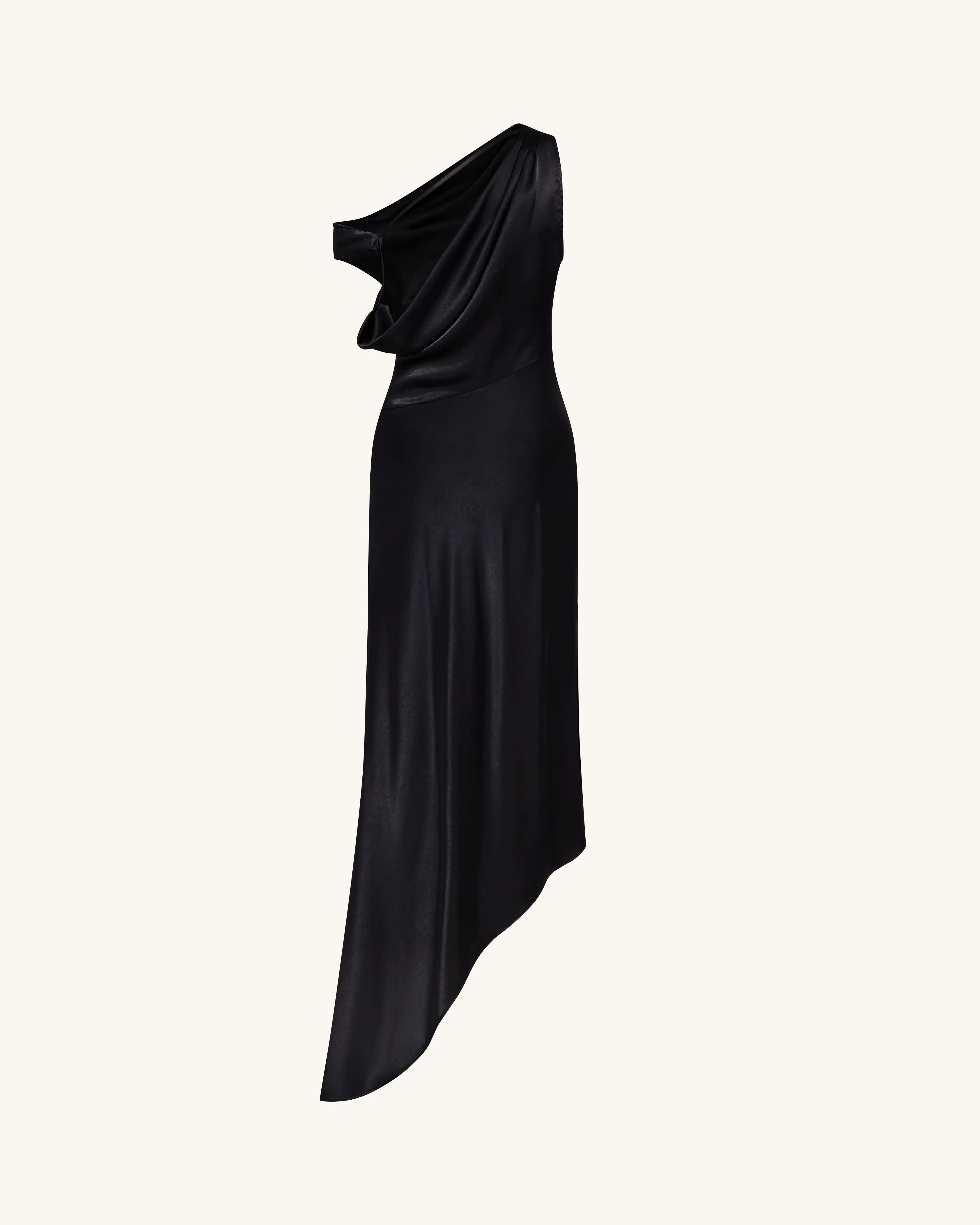 Satin Draped One-Shoulder Asymmetric Dress - Black - Image 4